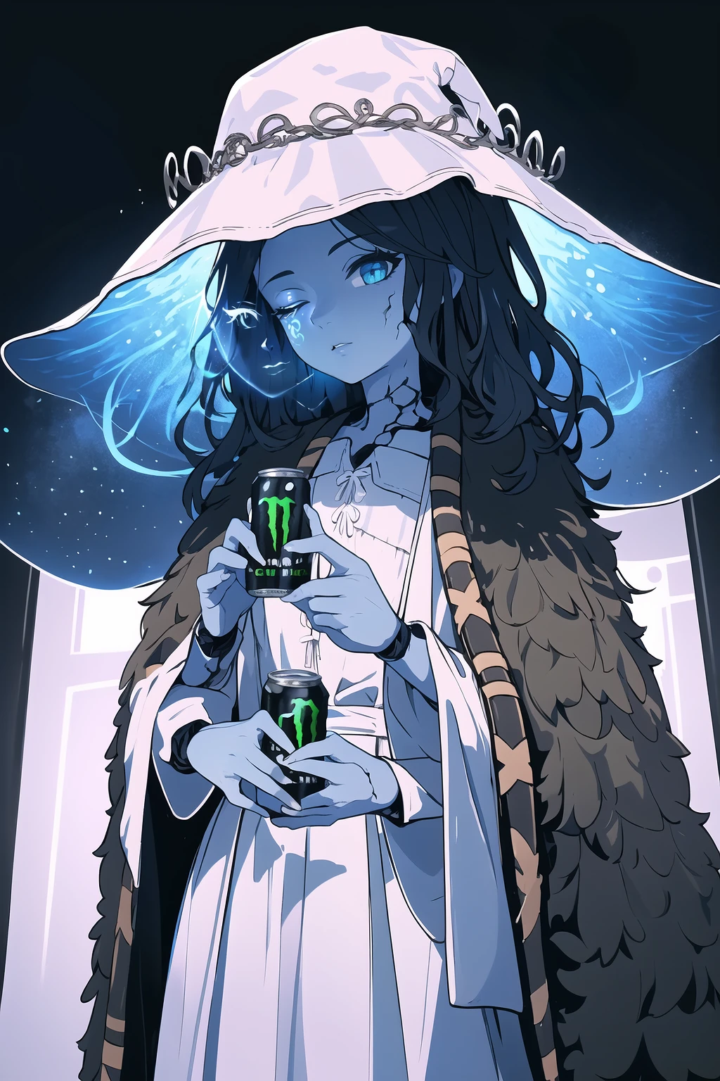 masterpiece, best quality, IncrsRanni, wavy hair, cracked skin, colored skin, blue skin, extra faces, extra arms, <lora:RanniV4LoRA:0.9>, doll, joints, doll joints, white dress, hat, cloak, HoldingMonsterEnergy, <lora:Pos_HoldingMonsterEnergy:0.6>, holding, holding can,