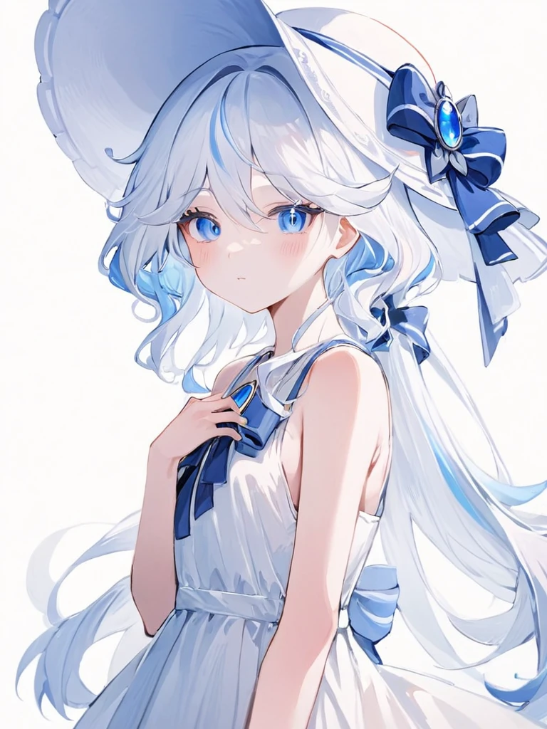 ultra-detailed,(best quality),((masterpiece)),(highres),original,extremely,<lora:shuishenx_xl:1>,funingna,1girl,hat,blue eyes,dress,solo,white dress,looking at viewer,white headwear,closed mouth,long hair,fu hua,ribbon,sleeveless,sleeveless dress,border,bare shoulders,sundress,white background,bow,hand on headwear,sun hat,