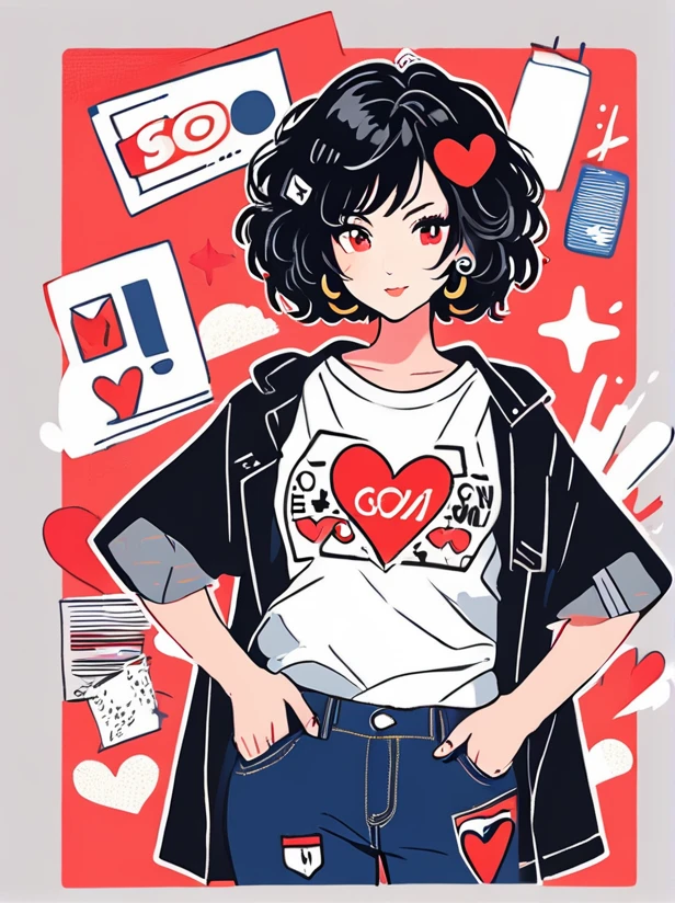 masterpiece, best quality,
cute doodle, 1girl, solo, shirt, heart, black hair, long sleeves, pants, short hair, short sleeves, yellow background, print shirt, red eyes, black pants, blush, hair ornament, looking at viewer, jewelry, jacket, bangs, earrings
<lora:cutedoodle_XL-000012:0.65>