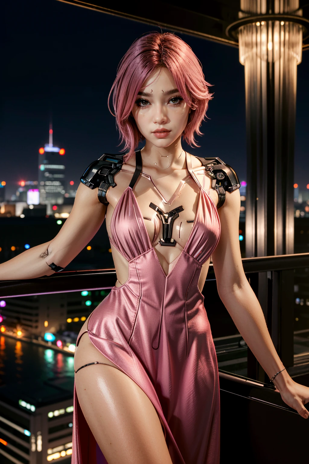 ( masterpiece, best quality, highres:1.3)
<lora:CyberSongbird:0.8>
CyberSongbird, 1girl, mechanical parts, cybernetic limb, asymmetrical hair, gradient hair, pink hair, brown eyes, cityscape, at night, on top of a skyscraper, short dress, tight