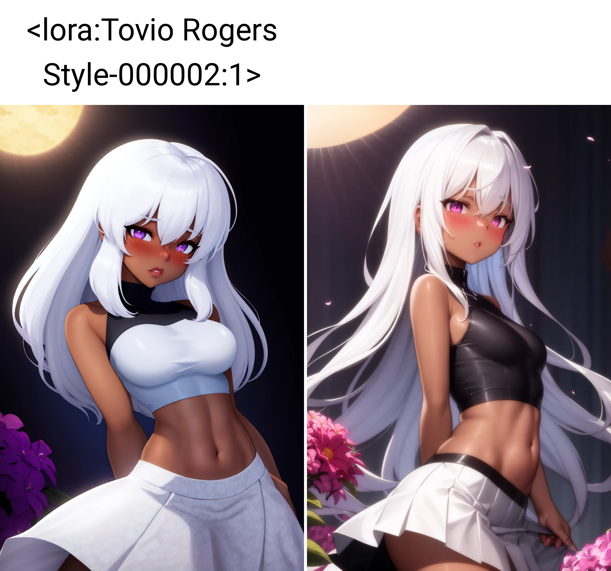 Tovio Rogers style, Tovio Rogers, masterpiece, best quality, 1girl, dark skin, long white hair, purple eyes, glowing eyes, crop top, skirt, parted lips, blush, night, flowers, sun, sunlight, <lora:Tovio Rogers Style-000002:1>
