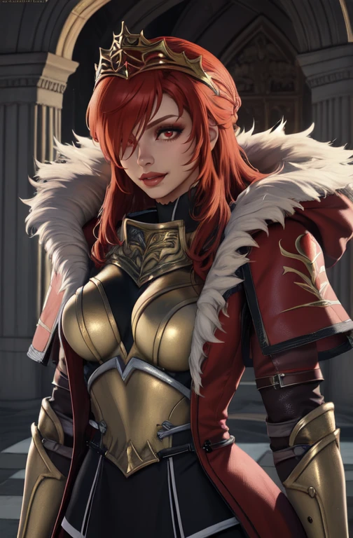 Hilde,red hair,lips,hair over one eye,red eyes,mole under mouth, armor,gauntlets,fur trim,breastplate,thighhighs, red coat, head crown, solo, smile,
upper body, standing,
european castle,
(insanely detailed, beautiful detailed face,beautiful detailed eyes, masterpiece, best quality)
<lora:Hilde-10v7:0.8>