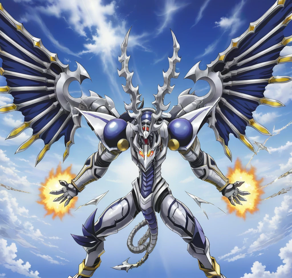 1boy,solo,dorugoramon,flying,sky,wings,horns,tail,anime,2d,   <lora:DORUgoramonXL:0.75>