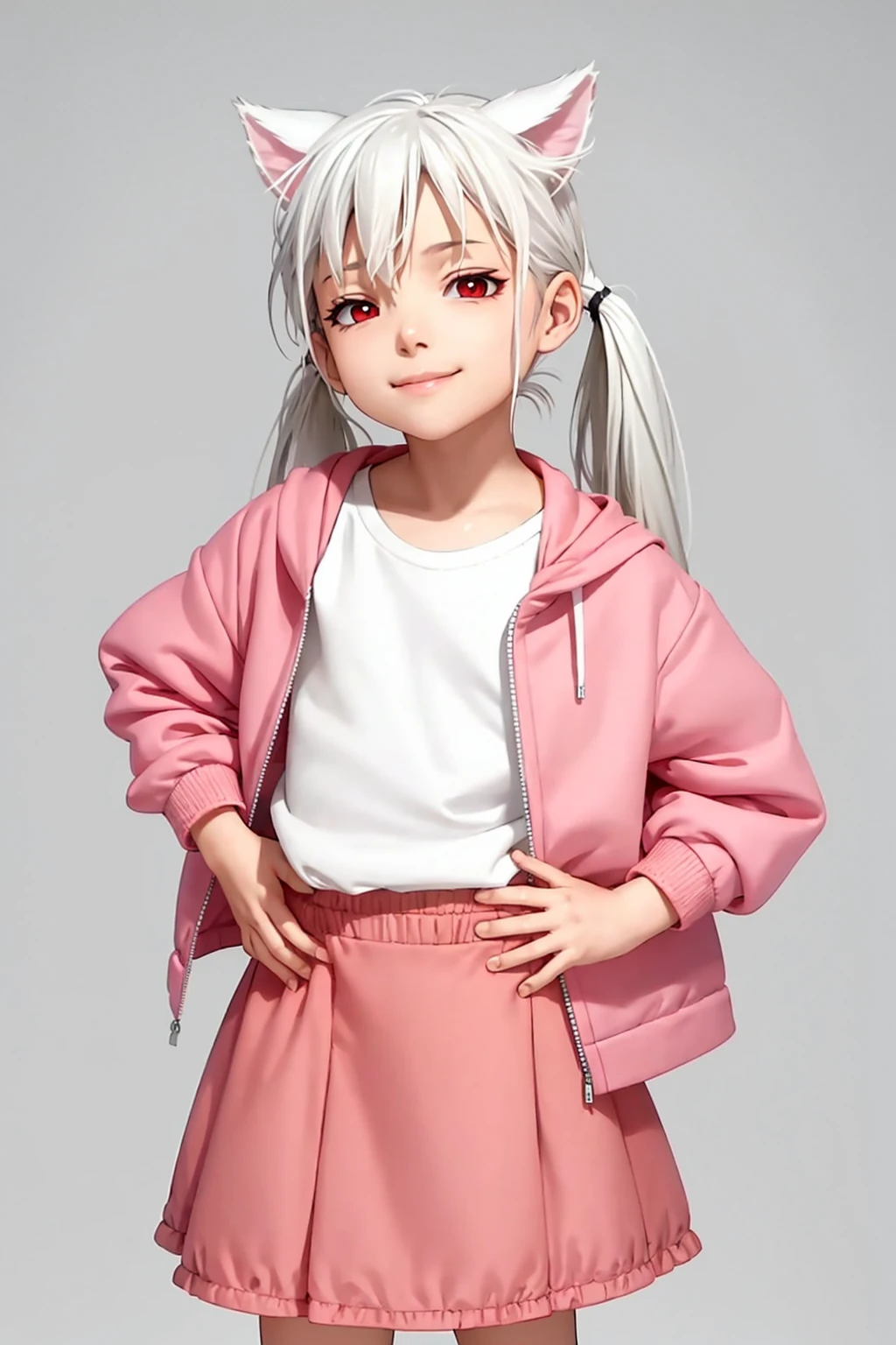 masterpiece, best quality, 1girl,cat ears,(white hair:1.4),long hair,twintails,clothes,simple background, grey background,cowboy shot, red eyes,hand on hip, little smile,white shirt,open jacket,open clothes,pink jacket,pink skirt,