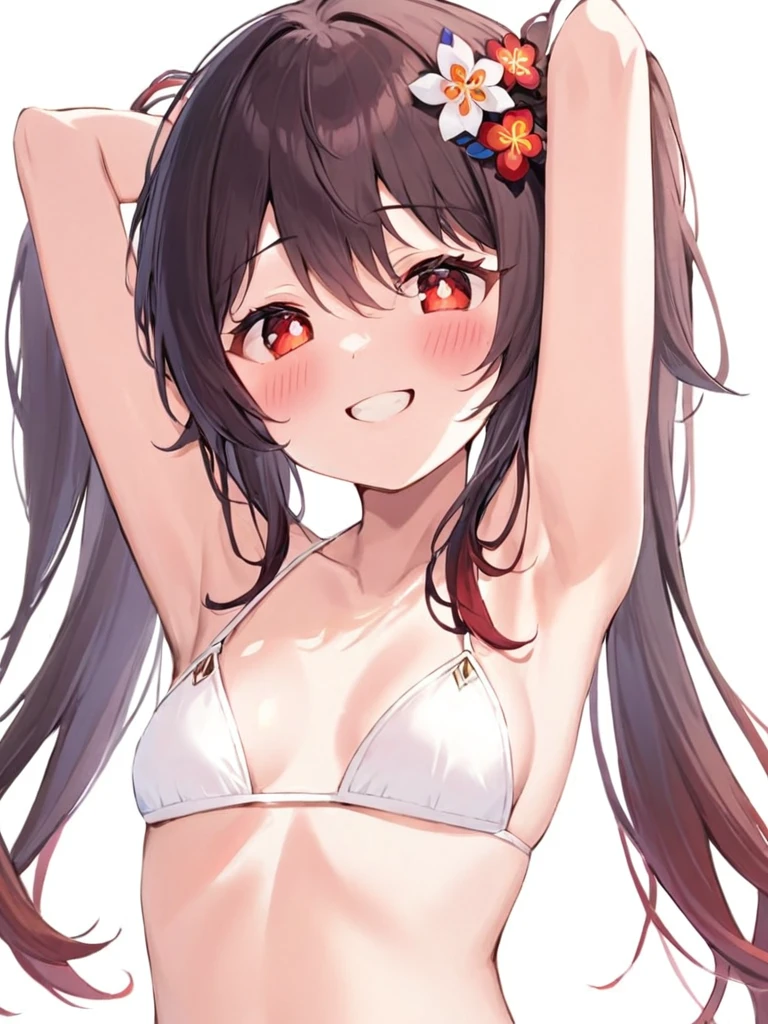 ultra-detailed,(best quality),((masterpiece)),(highres),original,extremely,<lora:hutao2x_xl:1>,hutao,1girl,breasts,solo,swimsuit,bikini,armpits,flower,white bikini,navel,red eyes,white background,smile,small breasts,hair flower,simple background,looking at viewer,arms up,hair ornament,symbol-shaped pupils,stomach,blush,closed mouth,string bikini,alternate hairstyle,cowboy shot,hair down,flower-shaped pupils,bare arms,