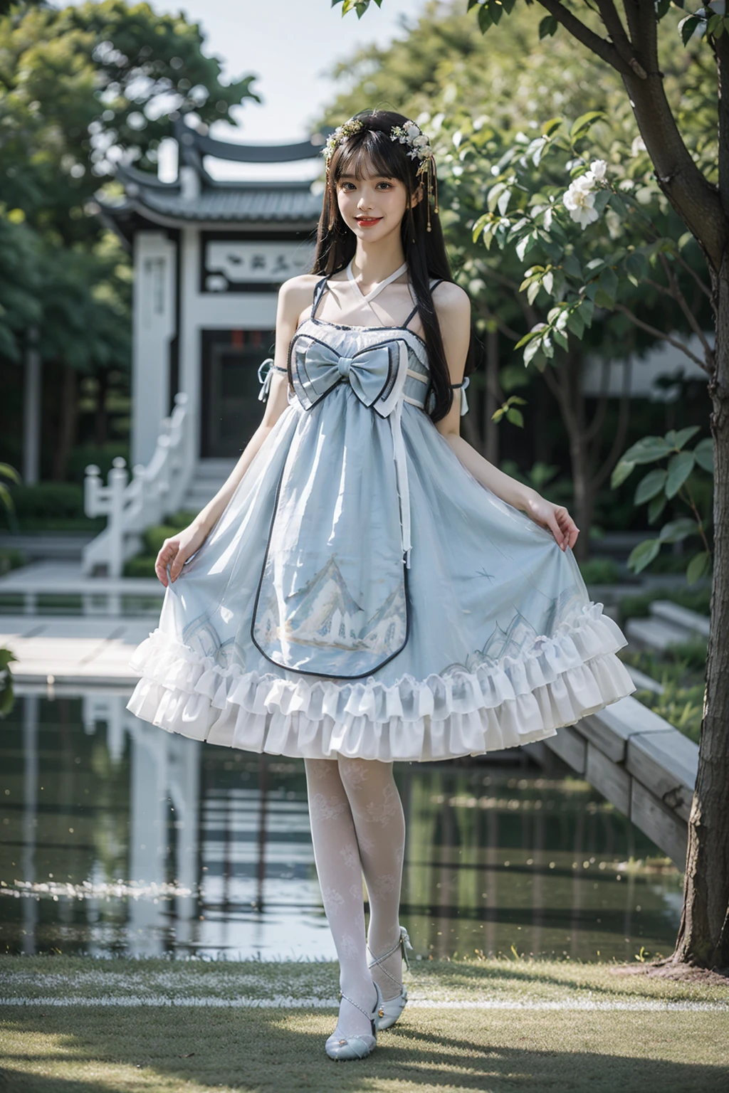 best quality, quality, masterpiece, photorealistic, 1girl, solo, standing, full body, black hair, straight hair, looking at viewer, smile, hair ornament, cyb dress, chinese clothes, frills, halter dress, white print legwear, high heels, chinese garden, flower, tree, detailed background, <lora:cns_attire_vol2_style3_v1:0.6>