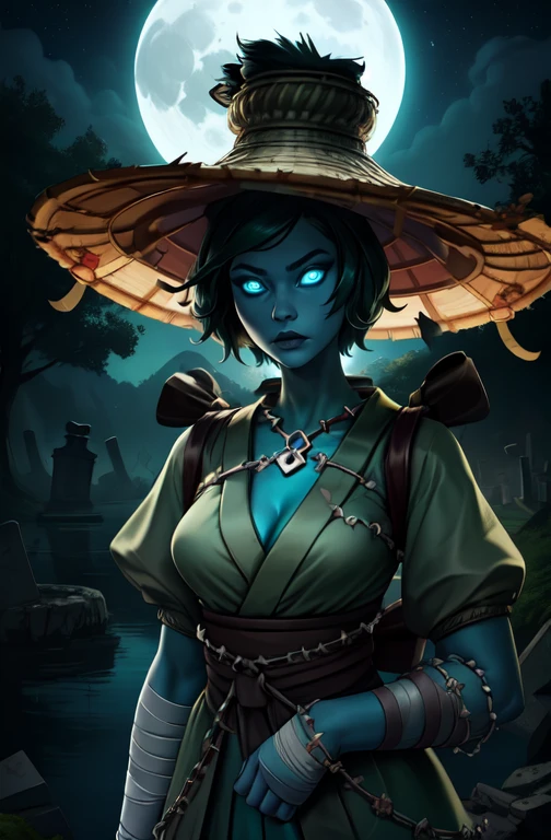 Kasumi, dark green hair, blue eyes, ghost, glowing eyes,
bandages, chains and lock, damaged hat, moss green Japanese clothes , red sash, cleavage,
standing, upper body,
nighttime, moon, graveyard, lake,
(insanely detailed, beautiful detailed face,beautiful detailed eyes, masterpiece, best quality)
<lora:kasumi:0.8>