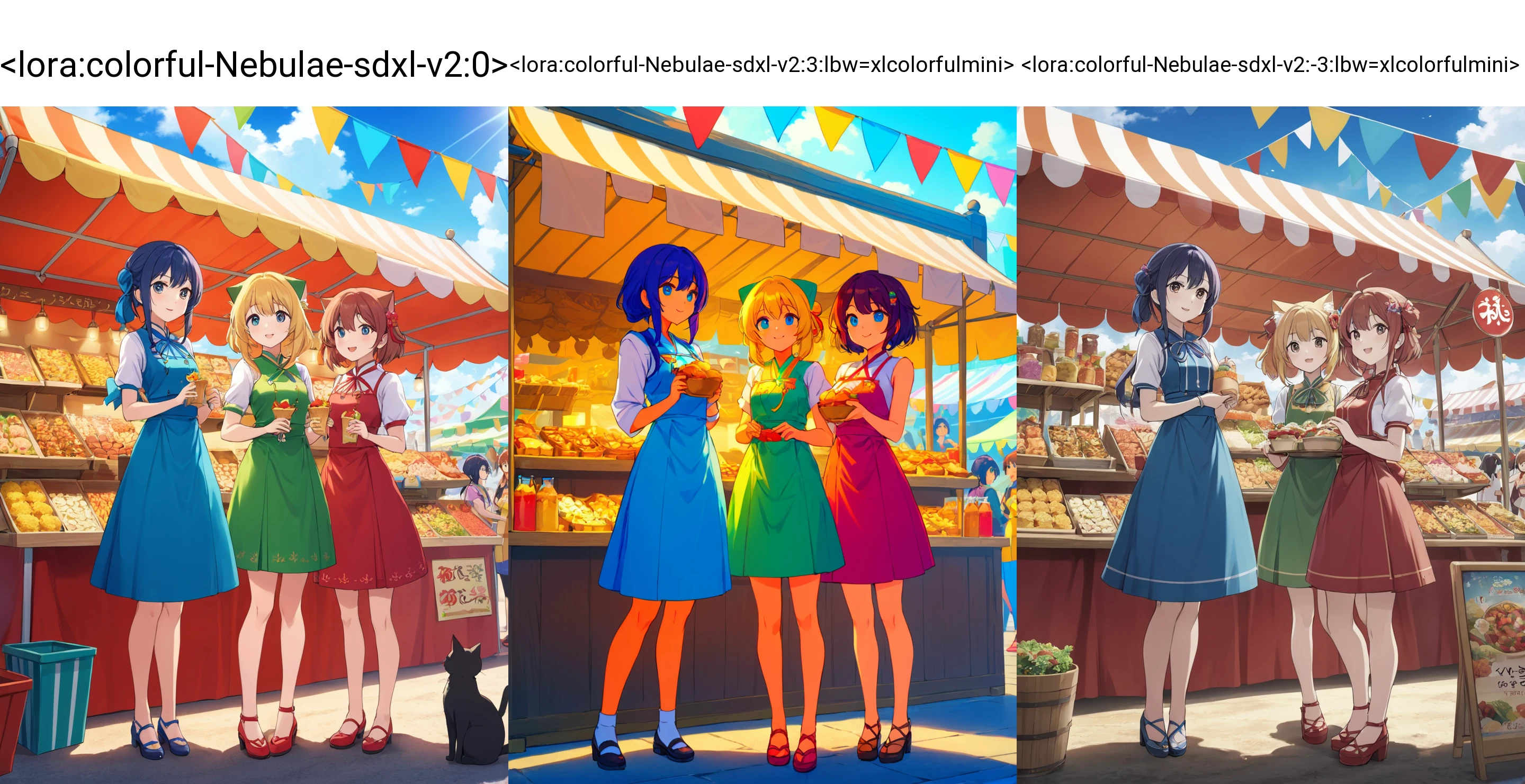 breathtaking, Two anime girls, dressed in colorful outfits, stand together in front of a food stall at a festival, They appear to be enjoying the festivities as they interact with one another and a small cat dressed in a cute outfit, The background showcases a variety of colorful stalls and decorations
<lora:colorful-Nebulae-sdxl-v2:0> . gorgeous,key visual, vibrant, studio anime,award-winning, professional, highly detailed,high budget, cinemascope