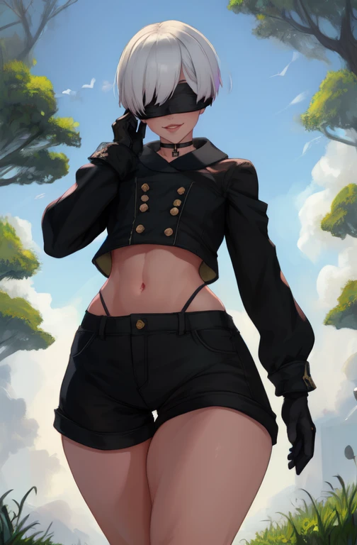 Yorha white hair,black blindfold,short hair,black choker, lips, mole under mouth,
y, smile, midriff peek,  hips, egs,  pose, 
black gloves,long sleeves, black short  shorts, black jacket,buttons,
deserted school yard, fog, grass, (insanely detailed, beautiful detailed face, masterpiece, best quality)
<lora:Yorha9s-10v7:0.8>