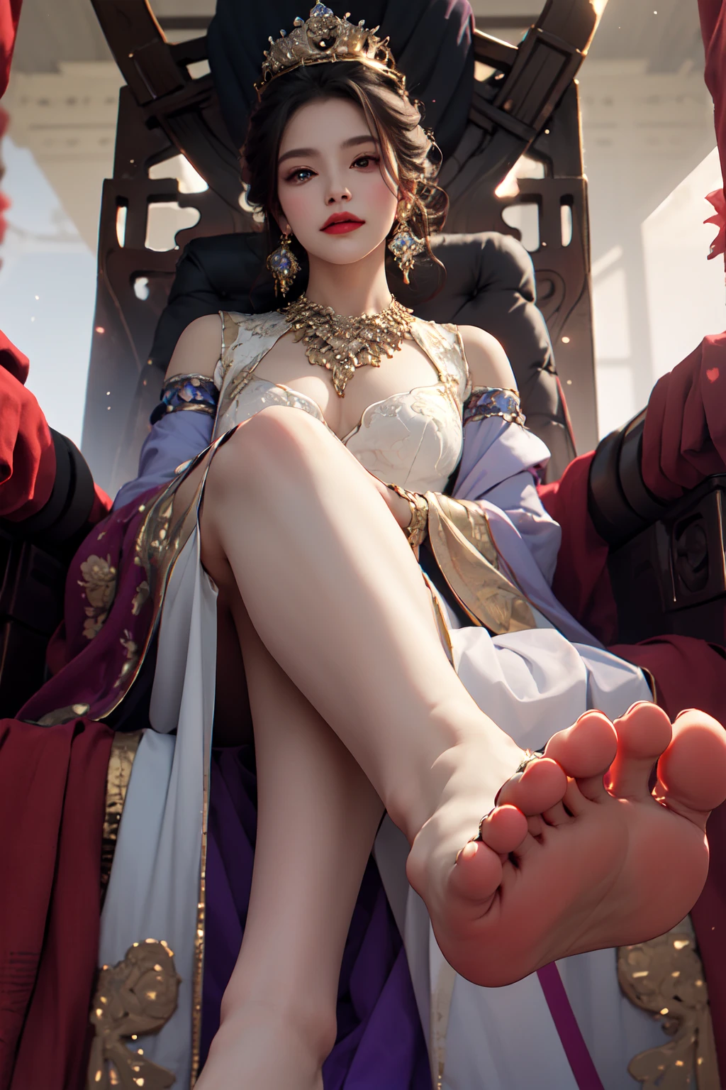 masterpiece,best quality, from belowï¼1girl, cross leg, show feetï¼Sole of footï¼Queen, gorgeous dress, low breast, jewelry, crown, earrings, necklace, throne, palace
 <lora:Show feet_20231013015606:0.8>