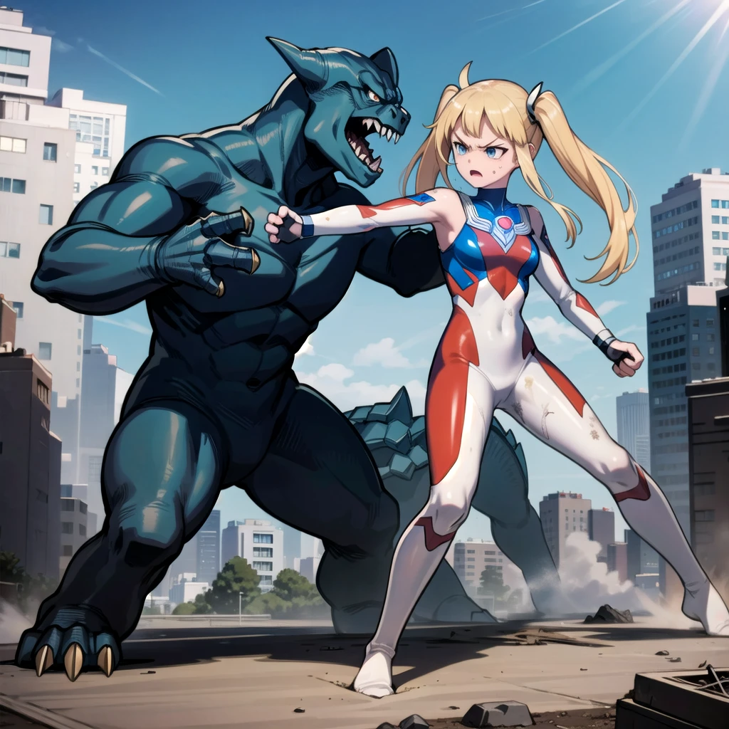 extremely detailed CG unreal engine 8k, best quality, 1girl, from side, beautiful detailed girl, (Ultragirl:1.0), ultraman red bodysuit, full body, (angry face :1.2), twintail, (soiled :1.3), fighting stance, Godzilla (attacking :1.2), (battle with monster, combat with monster, fighting), detailed (ruined buildings) behind, outside, ((dynamic), detailed fingers, detailed hands, detailed face), all intricate, (Rampage :1.0), looking at another
<lora:GTSv5:0.8><lora:Ultragirl-LoRA9-4-000004:1>