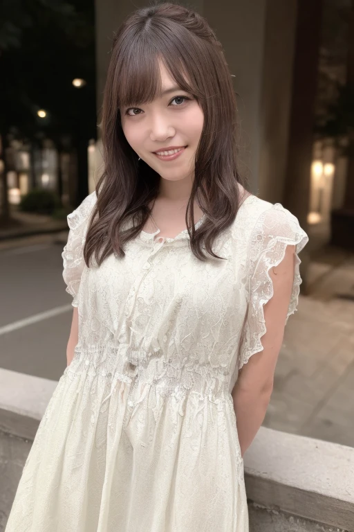 1girl, (wearing a cotton dress:1.4),(RAW photo, best quality), (realistic, photo-realistic:1.4), masterpiece, an extremely delicate and beautiful, extremely detailed, 2k wallpaper, Amazing, finely detail, extremely detailed CG unity 8k wallpaper, ultra-detailed, highres, soft light, beautiful detailed girl, extremely detailed eyes and face, beautiful detailed nose, beautiful detailed eyes,(cinematic lighting:0.8),(in the city at night:1.8),(night city view:0.8),perfect anatomy,slender body,laugh,(young girl:1.8),(close up:1.6),(look at viewer),(front view:1.4),cinematic angle,(cleavage:1.2),(wavy long hair),(brown eyes:1.6), <lora:kunomisaki_lora-03:0.8>