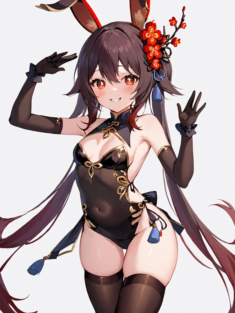 ultra-detailed,(best quality),((masterpiece)),(highres),original,extremely,<lora:hutao2x_xl:1>,hutao,1girl,solo,dress,thighhighs,chinese clothes,flower,gloves,breasts,rabbit ears,animal ears,china dress,smile,panties,underwear,symbol-shaped pupils,clothing cutout,looking at viewer,navel,red eyes,hair flower,hair ornament,side-tie panties,black thighhighs,simple background,fake animal ears,sleeveless dress,thighs,white background,alternate costume,black gloves,bare shoulders,sleeveless,black dress,plum blossoms,side slit,small breasts,navel cutout,black panties,multicolored hair,pelvic curtain,cleavage cutout,flower-shaped pupils,hands up,cleavage,