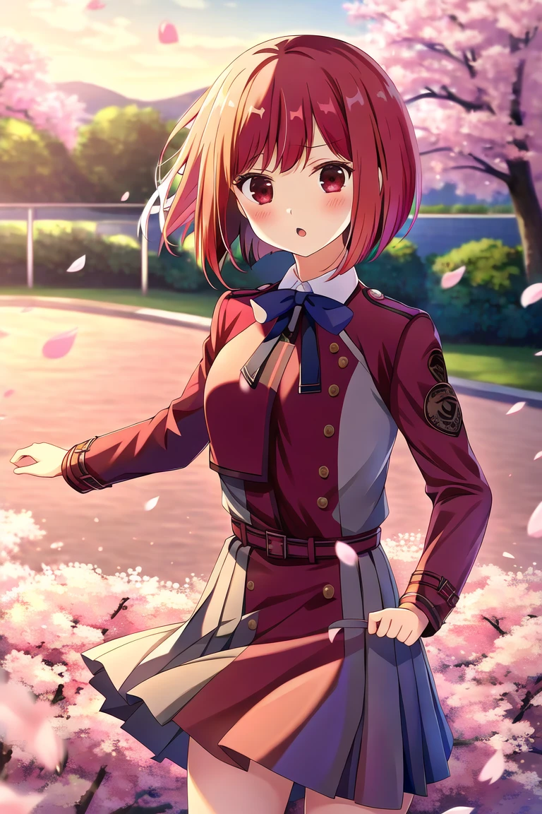 highres, high quality, 1girl, arima kana, lycoris uniform, red dress, outdoors, cherry blossoms, falling petals, evening