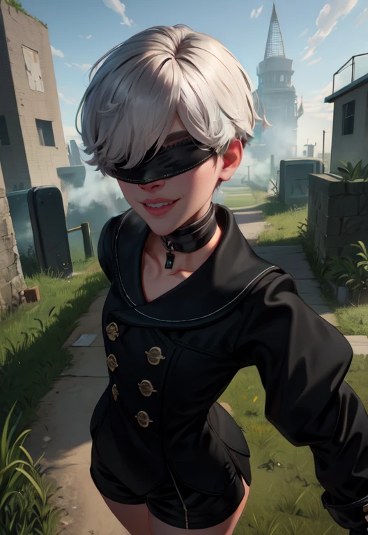 Yorha white hair,black blindfold,short hair,black choker, lips, mole under mouth,
standing, upper body, smile, from above,
black gloves,long sleeves, black shorts, black jacket,buttons,
deserted school yard, fog, grass, (insanely detailed, beautiful detailed face, masterpiece, best quality)
<lora:Yorha9s-10v7:0.8>