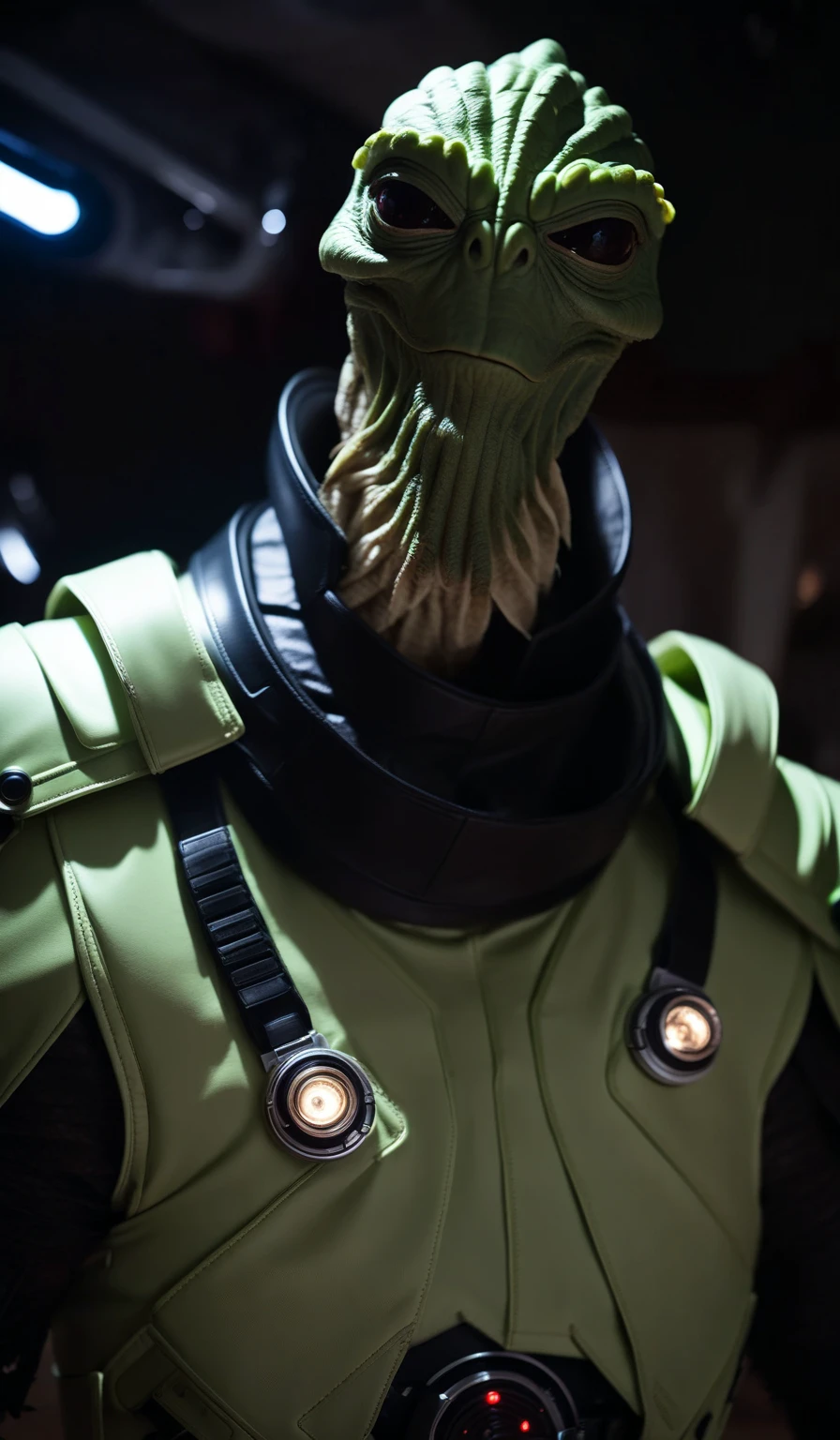 cowboy shot of an alien monster wearing a science fiction outfit, cinematic lighting, indoors, futuristic interior design background, cinematic dark, creepy, spooky, scary, star wars