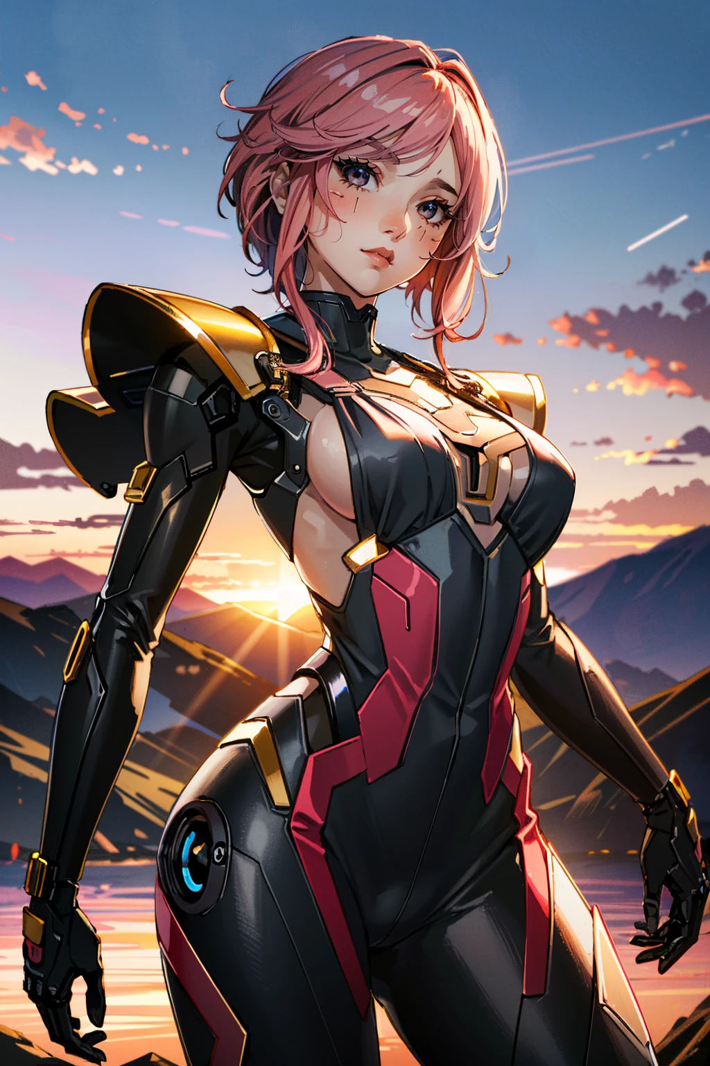 (masterpiece, best quality, highres:1.3)
<lora:CyberSongbird:0.8>
CyberSongbird, 1girl, mechanical parts, gradient hair, pink hair, mountain peak, sunrise, crisp and golden light