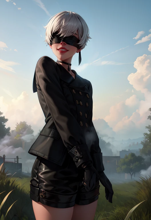 Yorha white hair,black blindfold,short hair,black choker, lips, mole under mouth,
standing, upper body, smile,
black gloves,long sleeves, black shorts, black jacket,buttons,
deserted school yard, fog, grass, (insanely detailed, beautiful detailed face, masterpiece, best quality)
<lora:Yorha9s-10v7:0.8>