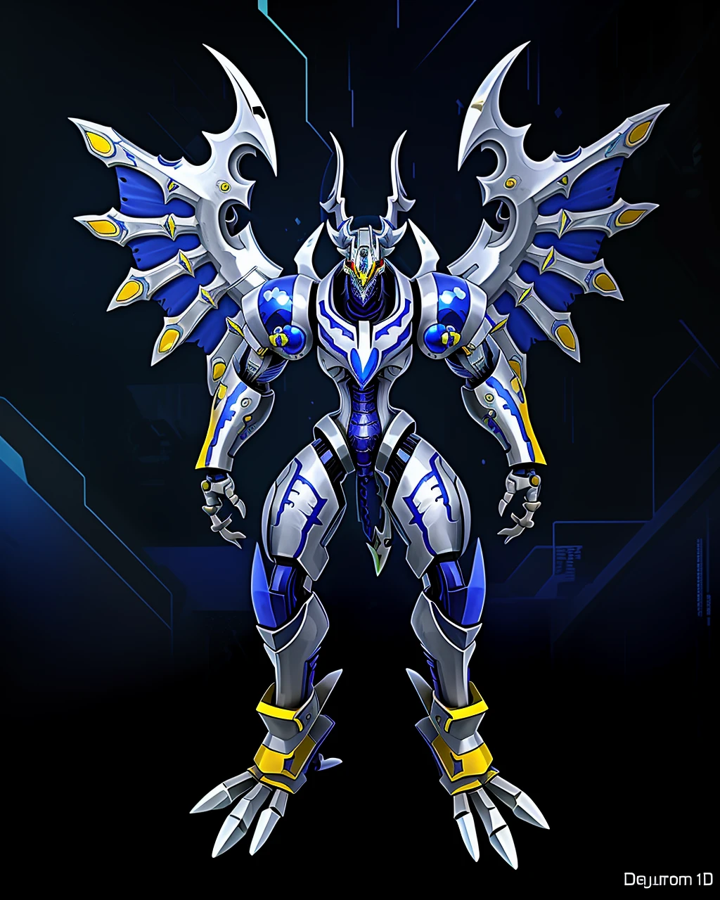 1boy,solo,dorugoramon,horns,wings,forehead jewel,full body,yellow eyes,cropped,upper body,sky,digital art,2d,cyberpunk,stylized, <lora:Dorugoramon_19956:0.7>