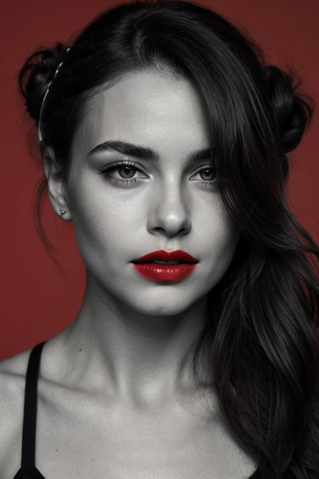 atmospheric lighting,1girl,long hair,hair bun,jewelry,looking at viewer,hands up,(monochrome:1.4),red lips,face closeup,red background,<lora:SDXLrender_v1.0:1>