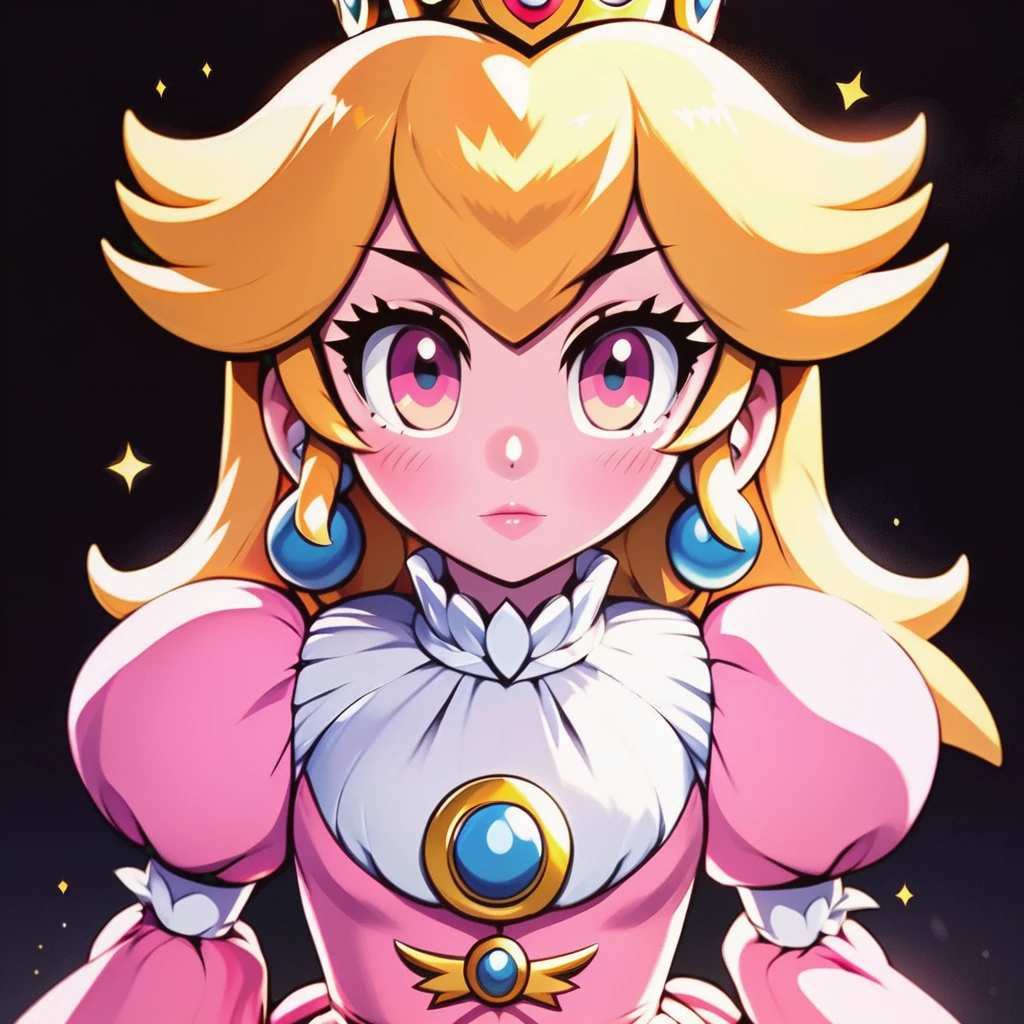 A young girl with a crown on her head is standing in a dark room, wearing a pink dress. She has a determined look on her face, as if she is ready to face a challenge or embark on an adventure. The background is solid black, which adds a dramatic effect to the image. The girl's name is Princess Peach, and she is known for her bravery and leadership in her kingdom.. <lora:Dall-e_3_0.1:1>