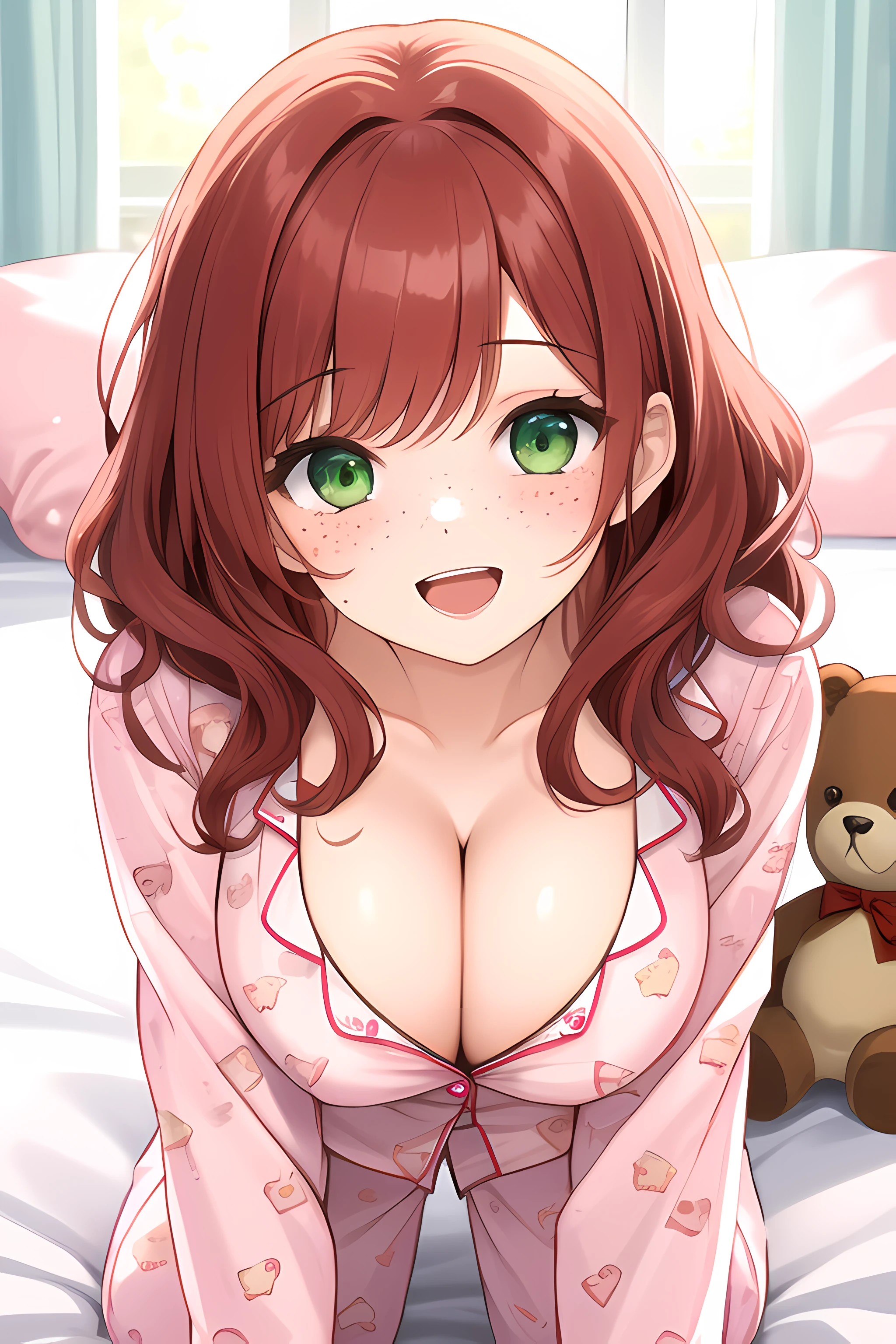 (masterpiece, best quality), 1girl, solo, red hair, medium hair, wavy hair, swept bangs, green eyes, huge breasts, freckles, curvy, bedroom, morning, light rays, light particles, bed, pink pillow, pink bed sheet, print bed sheet, all fours, print pink pajamas, teddy bear, animal print, looking at viewer, happy, open mouth, smile, cleavage, hanging breasts, downblouse, upper body, sexually suggestive