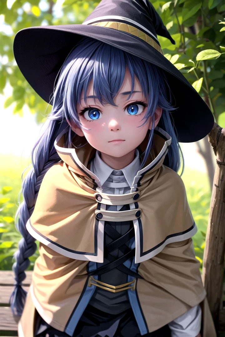 1 girl,cute,(looking at viewer:1.0), adorabel girl,cute face,details sky,handsome,,((masterpiece:1.4,best quality)),multiple details,eyeshadow,sfw, (medium  shot:1.5),
lora:add_detail:0.8>,  <lora:more_details:0.4>,  forest, (night:1.2), frosted trees,
<lora:ç¼çå:0.4>,    <lora:roxy:0.8> 1girl,witch hat,blue hair,very long hair,twin braid,hair ribbon,blue eyes,brown cape,long sleeves, black skirt