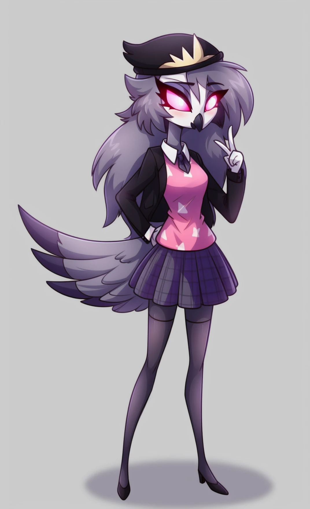 <lora:Octavia_pm_v1:0.7>, (Octavia:0.8), avian bird owl owl_demon 
anthro bottomwear clothing feathers female gesture grey_body grey_feathers headgear pink_eyes simple_background skirt solo v_sign white_background pantyhose
