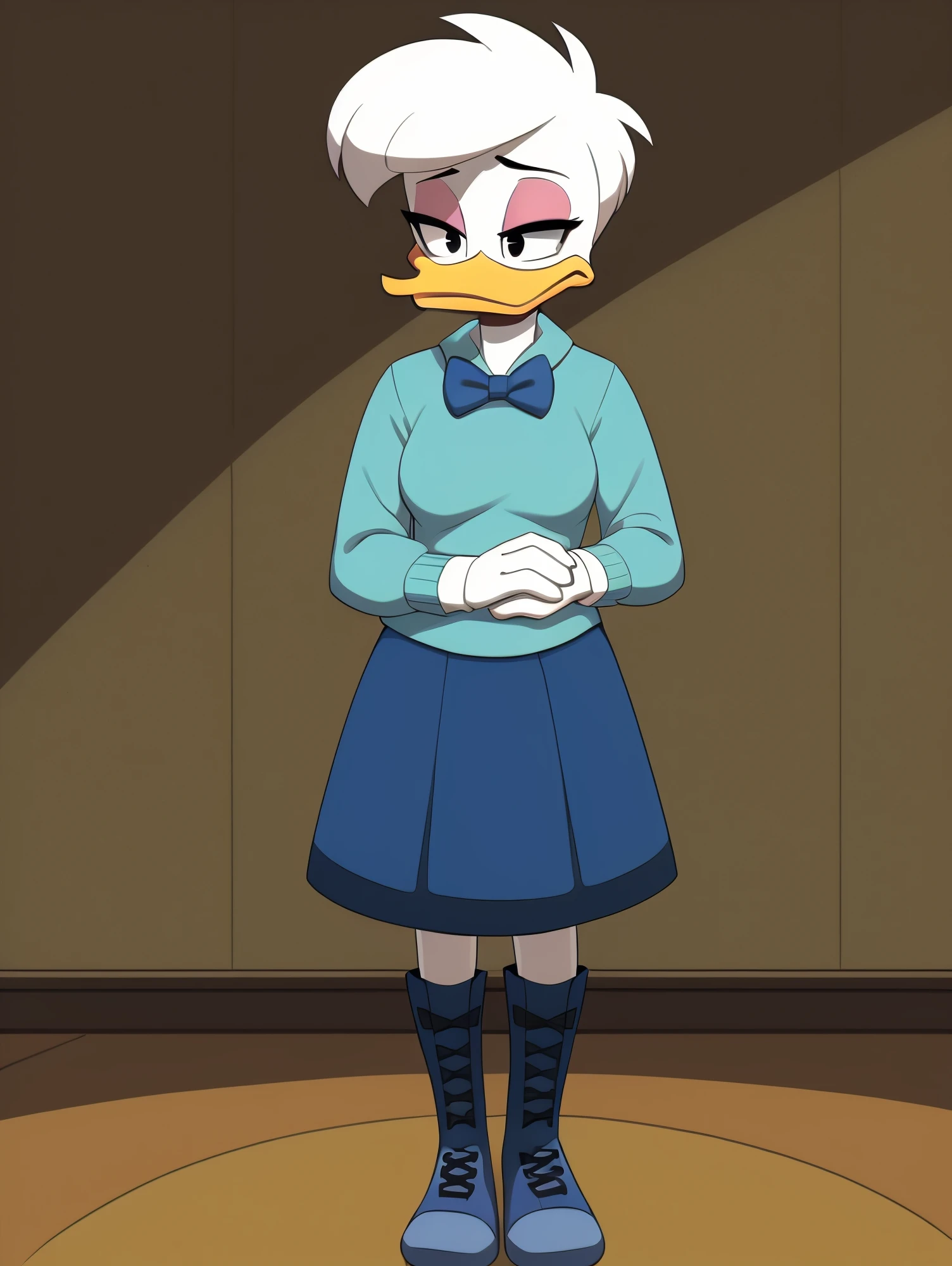 <lora:Daisy Duck V1.1:0.6> (ducktales:1.2) (ducktales:1.2) (by kyurisawa:1.2) (by chelodoy:1) (by ashraely:1) BREAK daisy duck, beak, white skin, white body, white hair, short hair, female, breasts, clothed, clothing, mouth closed, eyeliner, pink eyeshadow, black eyebrows, black eyes, inside, mansion, standing (tired:1.3) (blue sweater:1.2) (clothed, blue skirt, long skirt, dark blue boots, laces, bowtie:1.2) hands together, nervous