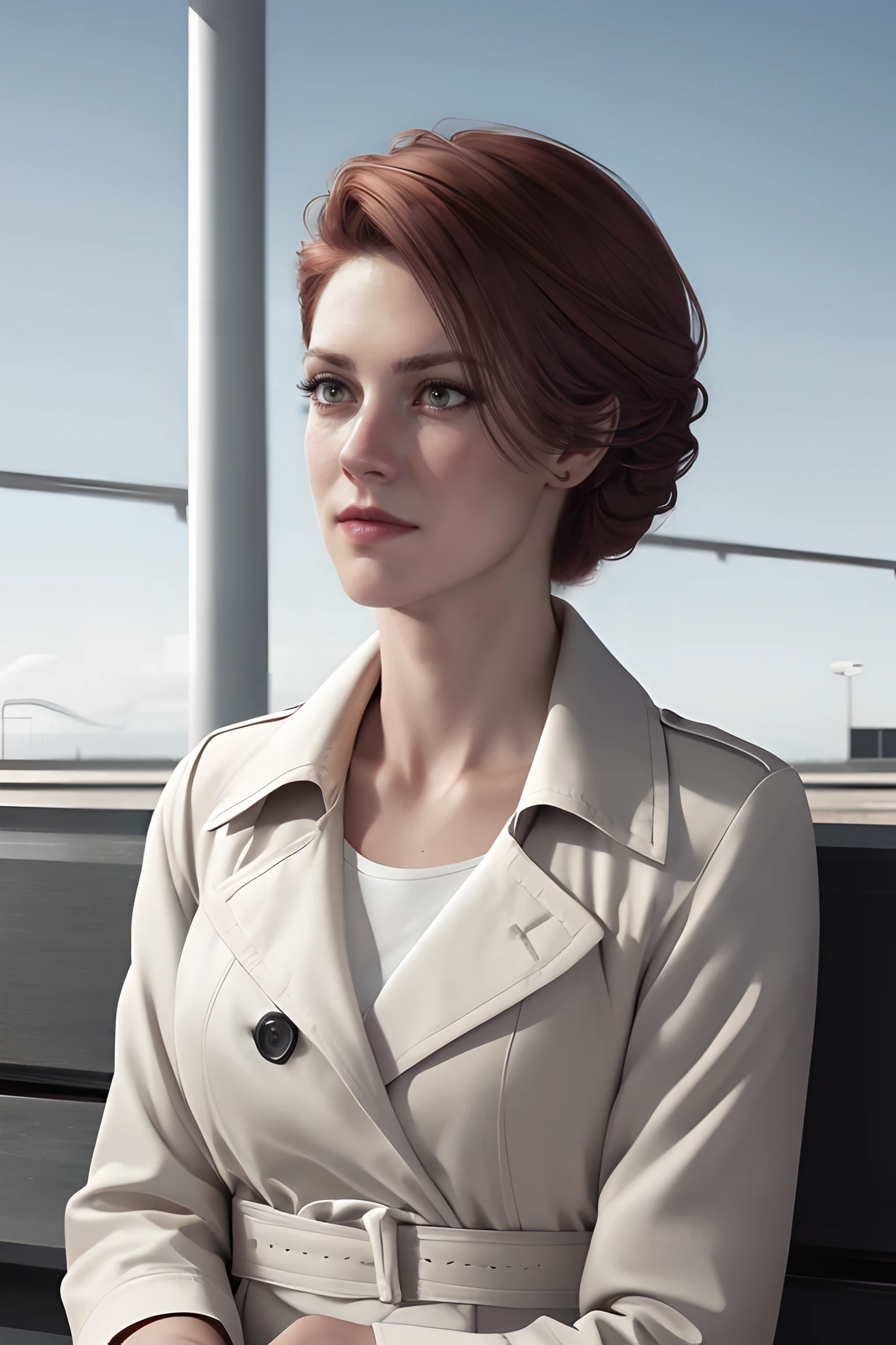 Realistic, realism, photorealism, photo-realistic, high contrast, (photorealistic:1.4), 8k high definition detailed realistic, (best quality, masterpiece:1.2), full bodyshot, photon mapping, radiosity, physically-based rendering, best quality, highly detailed, full bodyshot, 1girl,, looking at the viewer,Dianab, 40 years old, Long auburn hair, Wearing a black trenchcoat, sitting in a bench, making a call , airport background <lyco:GoodHands-beta2:1> <lyco:epiCRealismHelper:.7> epiCRealism <lora:DianaB-000014:.7>