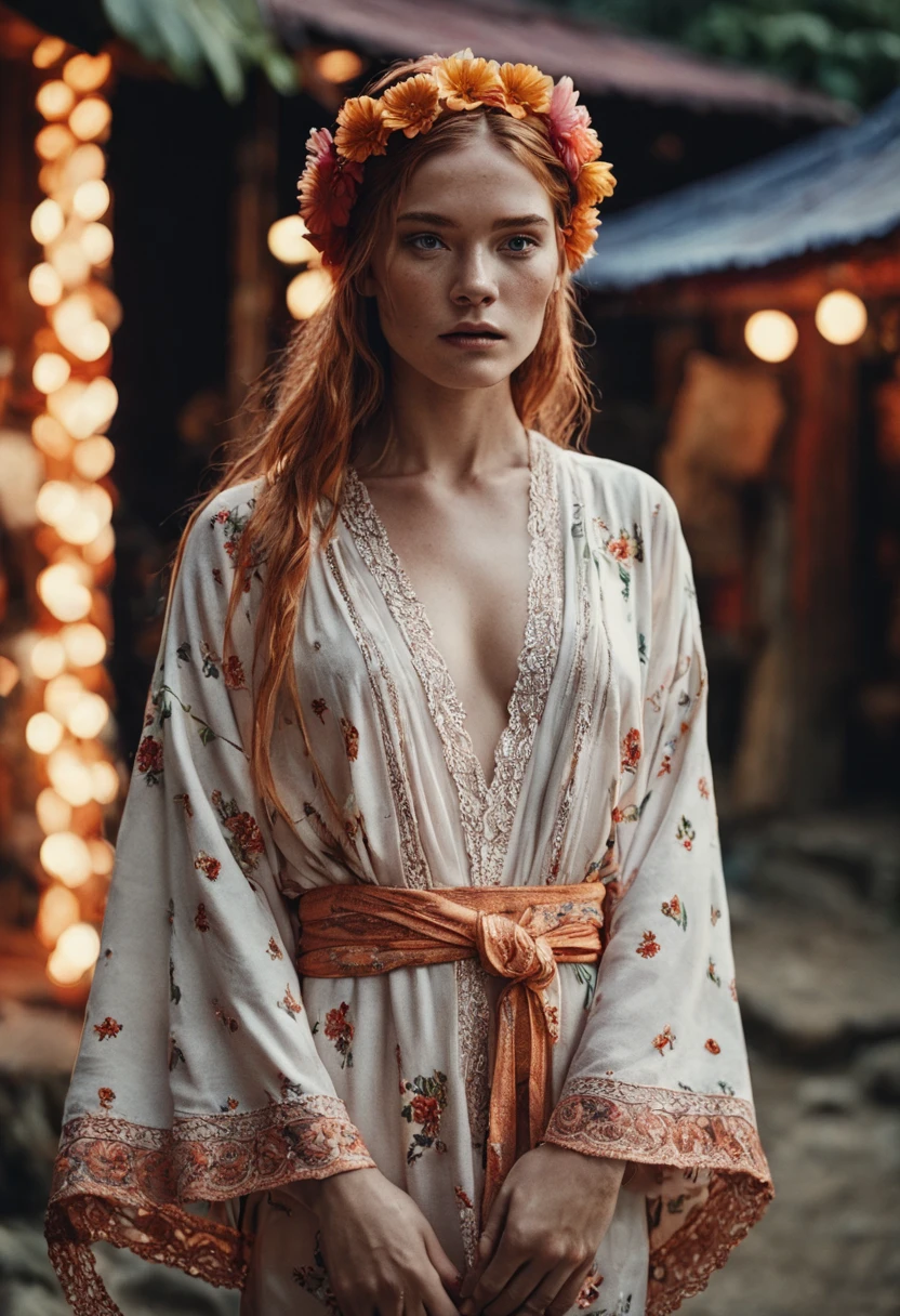 a woman with freckles and Waterfall braid hair with flower headband (full body:1.2) wearing revealing Embroidered kimono robe in a Bazaar (sunset) by Laura Makabresku, cinematic lighting,(cinematic, film grain:1.1) SK_CINEMATIC , ((extreme skin detail)), hdr, ((ultrarealistic)), ((photo)), bokeh, depth of field, 8k uhd, dslr, soft lighting, high quality, Fujifilm XT3