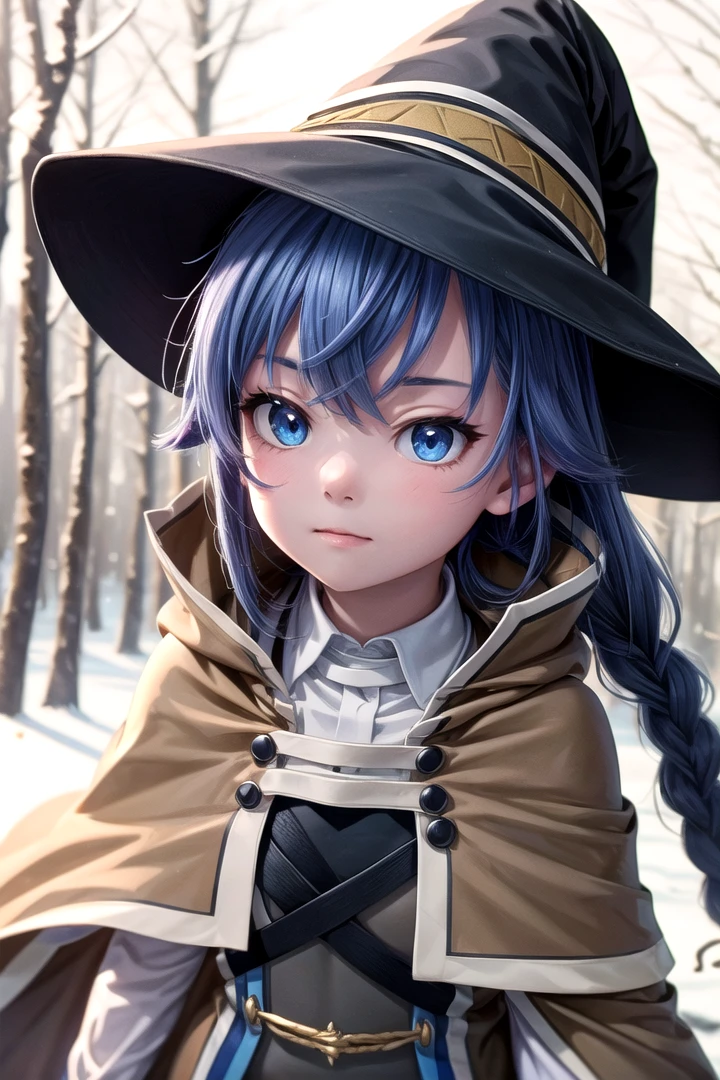 1 girl,cute,(looking at viewer:1.0), adorabel girl,cute face,details sky,handsome,,((masterpiece:1.4,best quality)),multiple details,eyeshadow,sfw, (medium  shot:1.5),
lora:add_detail:0.8>,  <lora:more_details:0.4>,  forest, (night:1.2), frosted trees,
<lora:ç¼çå:0.4>,    <lora:roxy:0.8> 1girl,witch hat,blue hair,very long hair,twin braid,hair ribbon,blue eyes,brown cape,long sleeves, black skirt