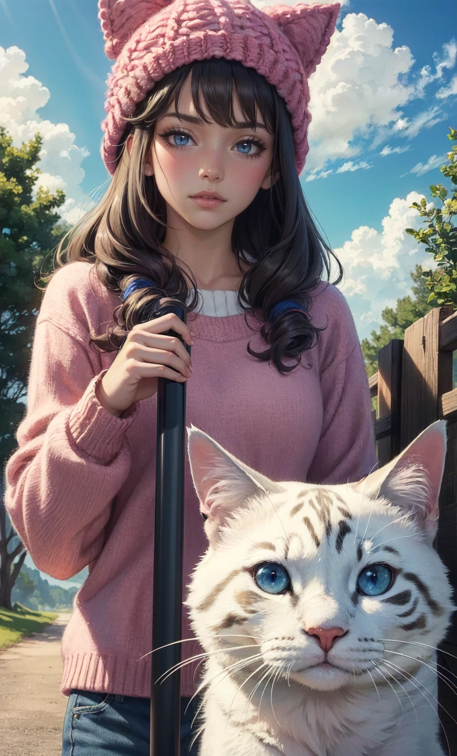 camp girl,cat knit cap,2 girl, animal cat, cat,, photorealistic, octane render, best quality, looking at viewer, looking down, sharp focus, (8k), (4k), (Masterpiece), (Best Quality), (realistic skin texture), extremely detailed, intricate, hyper detailed, , illustration, soft lighting, , high resolution, sharp detail, blush, outdoor, blue sky, cloud day, day,