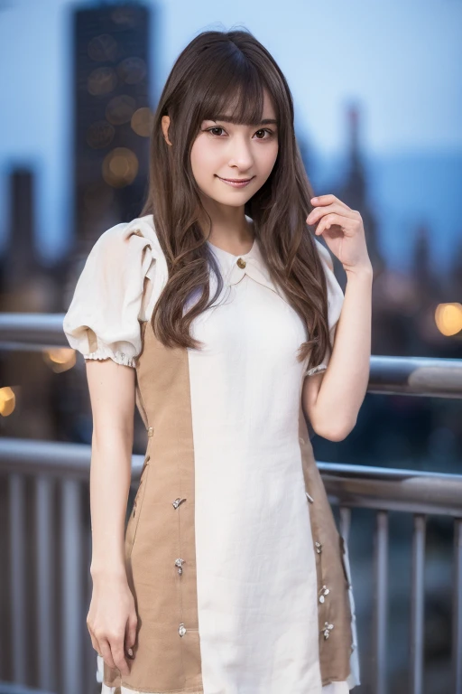 1girl, (wearing a cotton dress:1.4),(RAW photo, best quality), (realistic, photo-realistic:1.4), masterpiece, an extremely delicate and beautiful, extremely detailed, 2k wallpaper, Amazing, finely detail, extremely detailed CG unity 8k wallpaper, ultra-detailed, highres, soft light, beautiful detailed girl, extremely detailed eyes and face, beautiful detailed nose, beautiful detailed eyes,(cinematic lighting:0.8),(in the city at night:2.0),perfect anatomy,(slender body:1.8),smiling,(young girl:1.6),(close up:1.2),(look at viewer),(front view:1.4),cinematic angle,(cleavage:0.8),(wavy long hair),(brown eyes:2.0), (standing:2.0), <lora:hoshimorisana_lora-01:0.8>