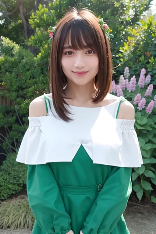 1girl, (wearing an off-the-shoulder dress:1.4),(RAW photo, best quality), (realistic, photo-realistic:1.4), masterpiece, an extremely delicate and beautiful, extremely detailed, 2k wallpaper, Amazing, finely detail, extremely detailed CG unity 8k wallpaper, ultra-detailed, highres, soft light, beautiful detailed girl, extremely detailed eyes and face, beautiful detailed nose, beautiful detailed eyes,cinematic lighting,(in the garden:1.4),perfect face,perfect anatomy,(slender body:1.4),smiling,(close up:1.6),(young girl:1.6),(look at viewer),(front view:2.0),cinematic angle,(cleavage:1.4),(wavy hair),(brown eyes:1.2), smaller face, standing, <lora:hanamiyaniina_lora-01:0.8>