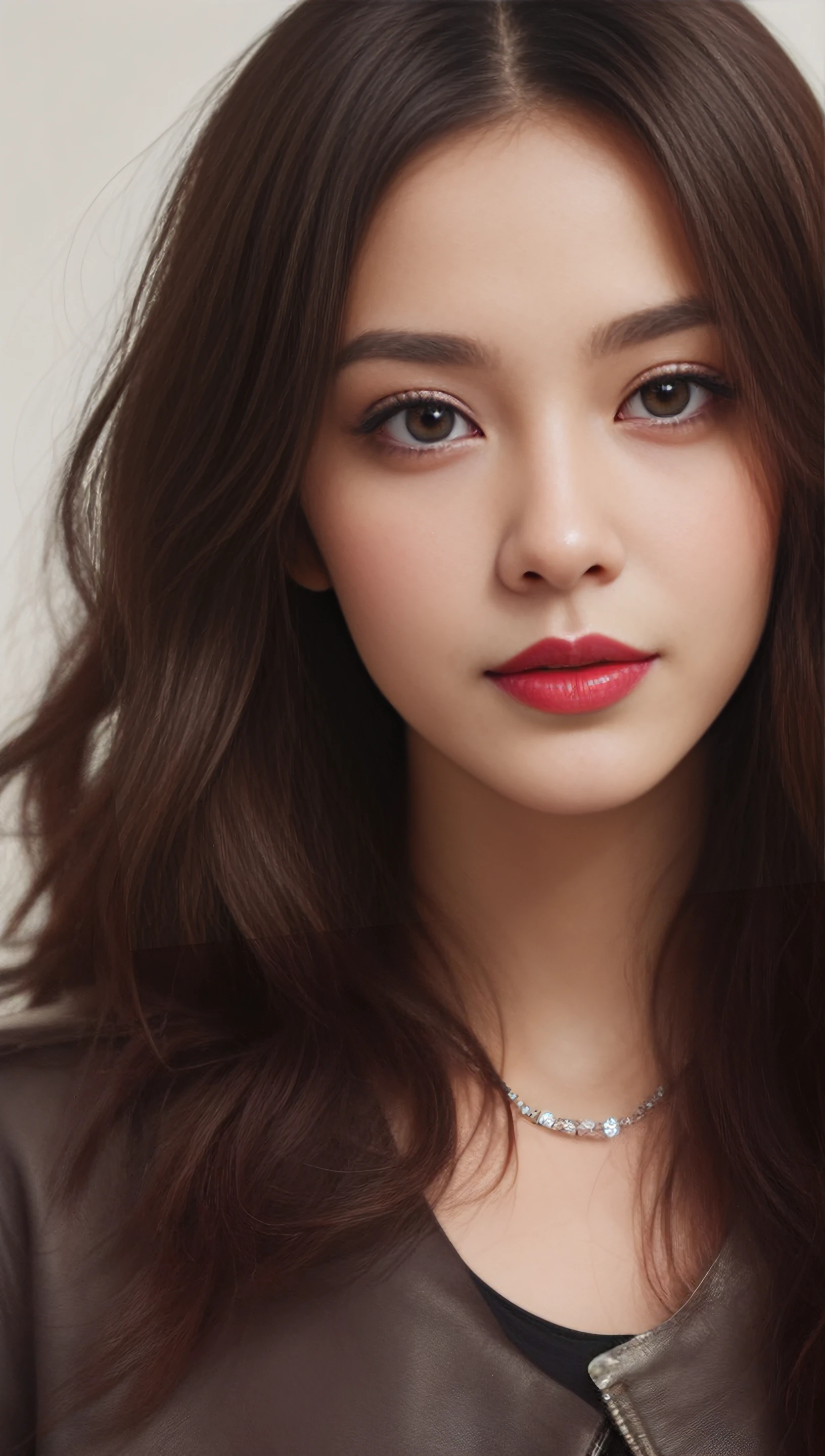 Woman, intense gaze, smoky eyes, subtle smile, lipstick matte, edgy hairstyle, leather jacket, statement jewelry, makeup defining features, strong portrait expressions, detailed outfit, attitude captured, fierce femininity portrayed, modern style emphasis.