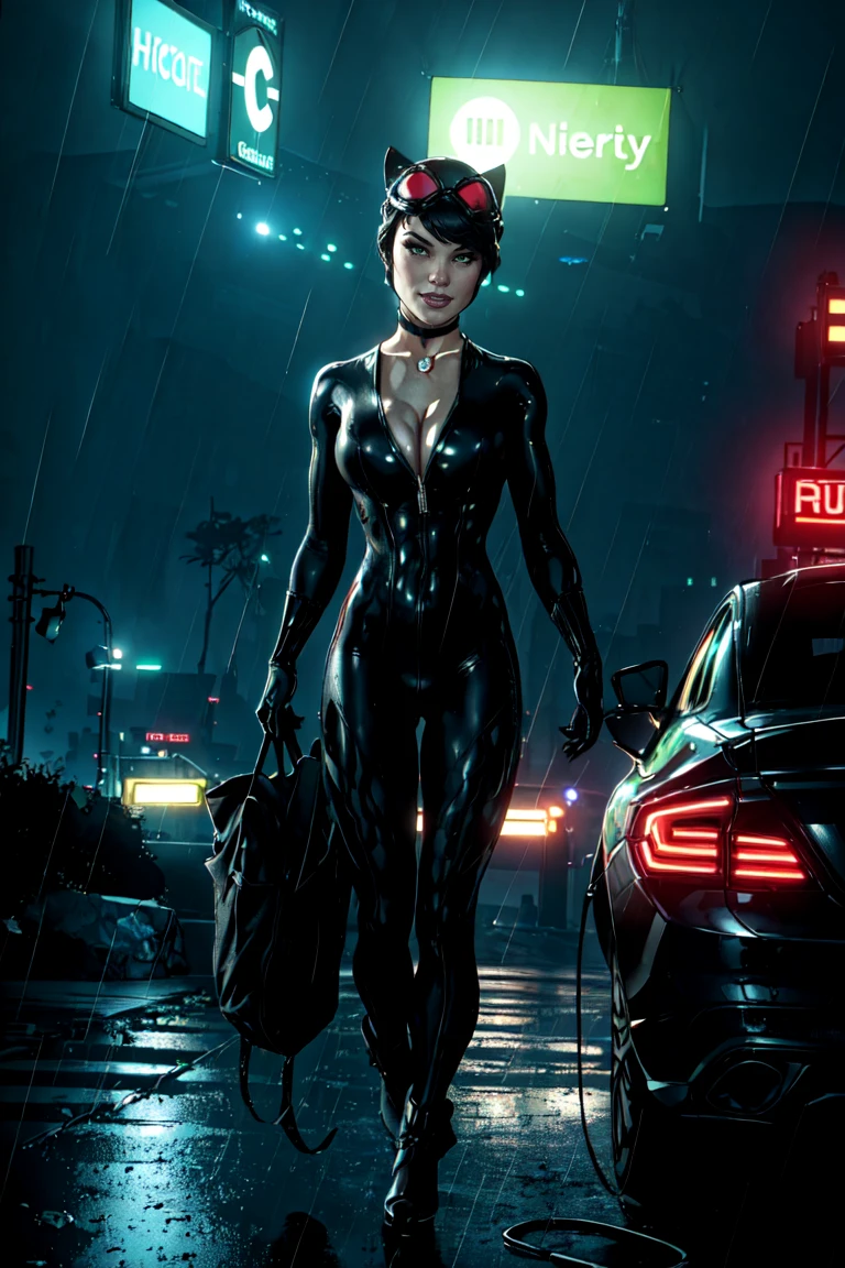 <lora:AdamHughesStyleV5:1> 1girl, full body beautiful ctwmn, smile, black bodysuit, green eyes, short hair, choker, athletic, cleavage, black headwear, fake animal ears, goggles on head, night city, rain, neon, volumetric lighting, best quality, masterpiece, intricate details, tonemapping, sharp focus, hyper detailed, trending on Artstation, realistic, <lora:sxz-catwoman-v1:0.6>