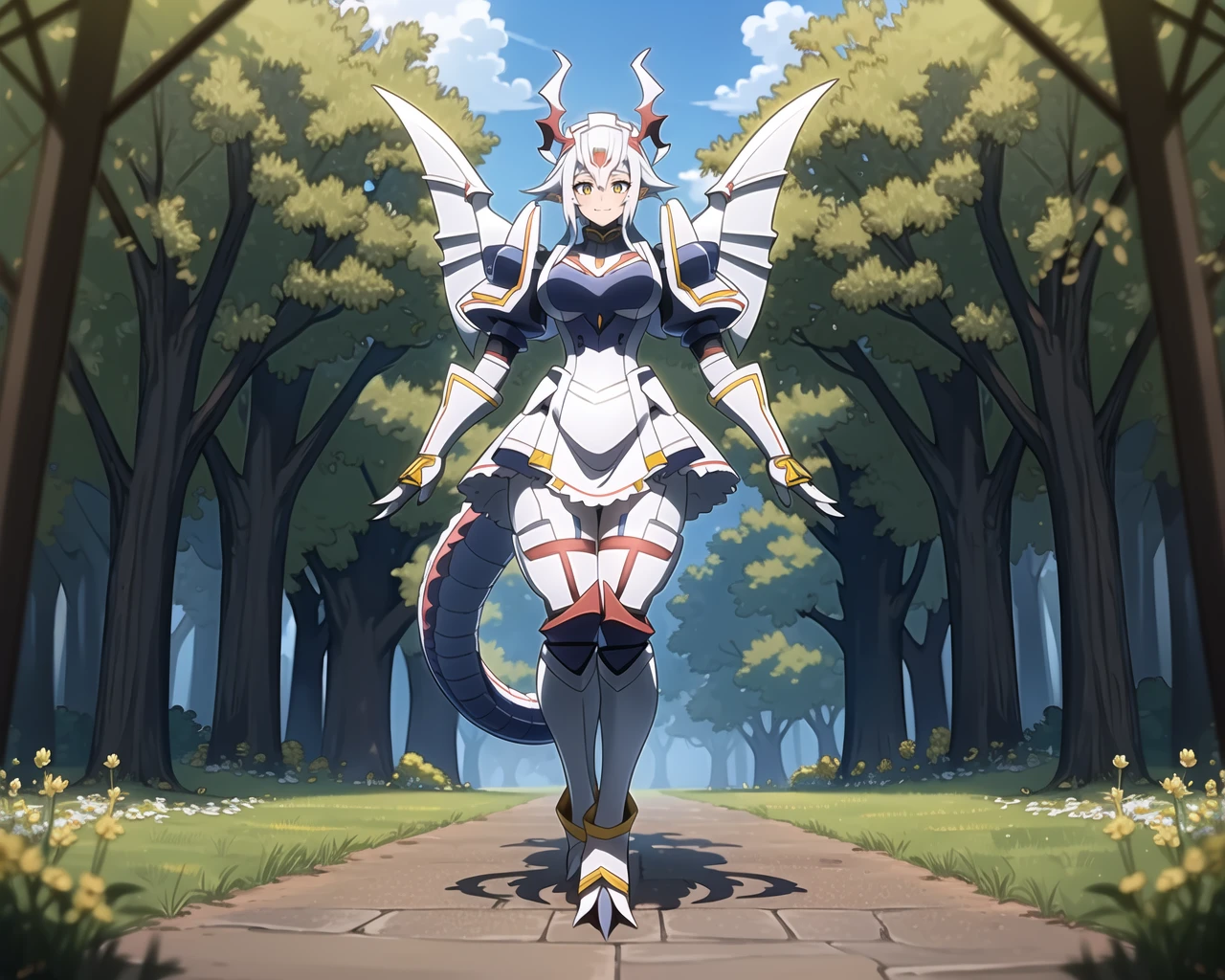 1girl,solo,dorugoramon maid,wings,horns,dress,maid headdress, dorugoramon wings,dorugoramon horns,dragon girl,yellow eyes,forest,full body,outdoors,walking,happy,looking at veiwer,2d,anime,scene from youjo senki, <lora:Dorugoramon_19956:0.65>, sfw,beautiful, masterpiece, best quality,absurderes,octane render