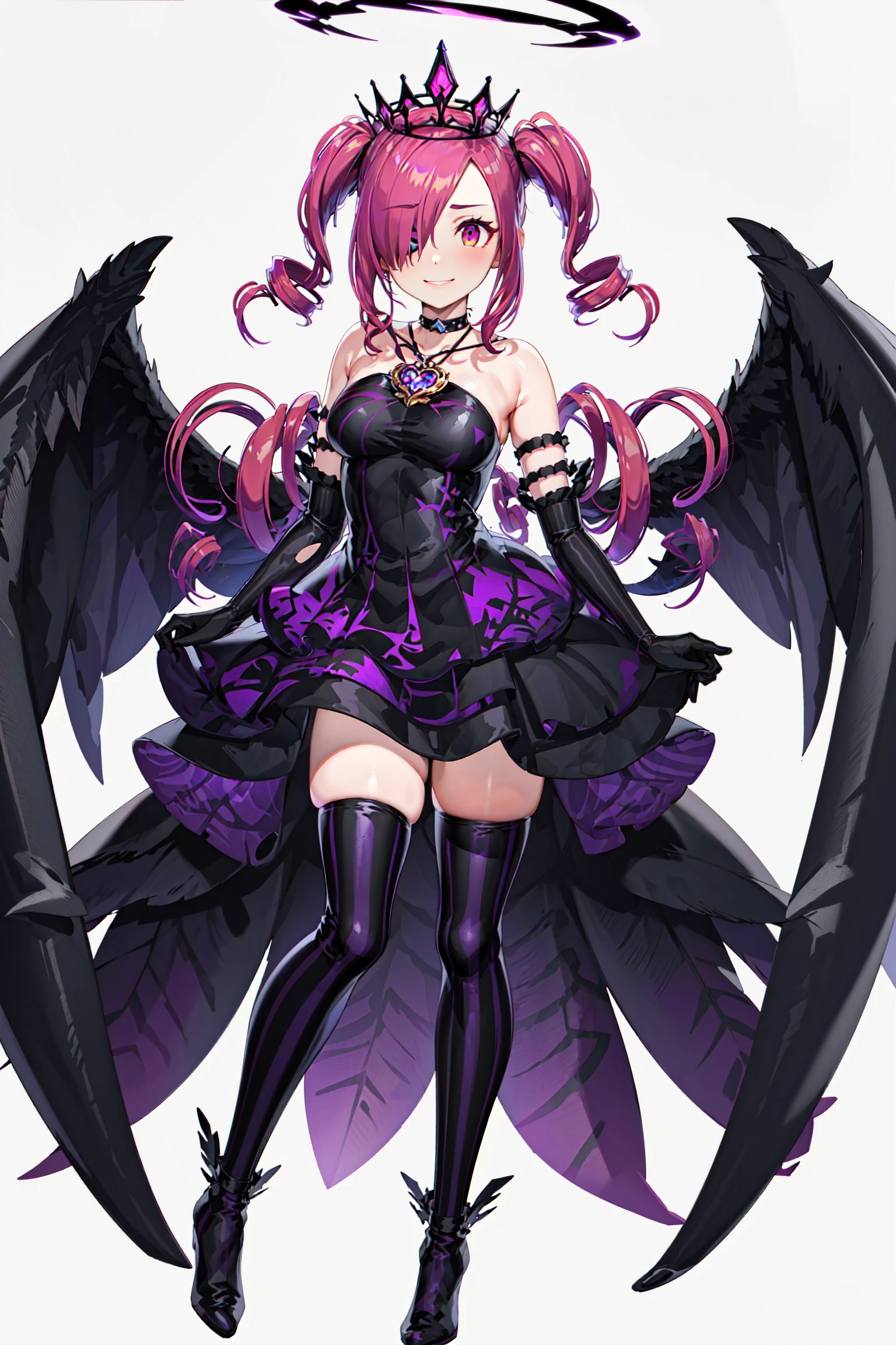 UHD, masterpiece, best quality, extremely detailed, anatomically correct, sharp focus, Midnight, Church , altar isle, 1girl, solo, camilavtuber, pink hair, short hair, shoulder length hair, black head wings, twin tail hair, purple eyes, facial mark, black arm sleeves, slim arms, black gloves, small chest, single back wing, ((long black gown)), slim legs, black thighhighs, black high heels, full body ,close-up shot, innocent pose, from below, front view, innocent pose