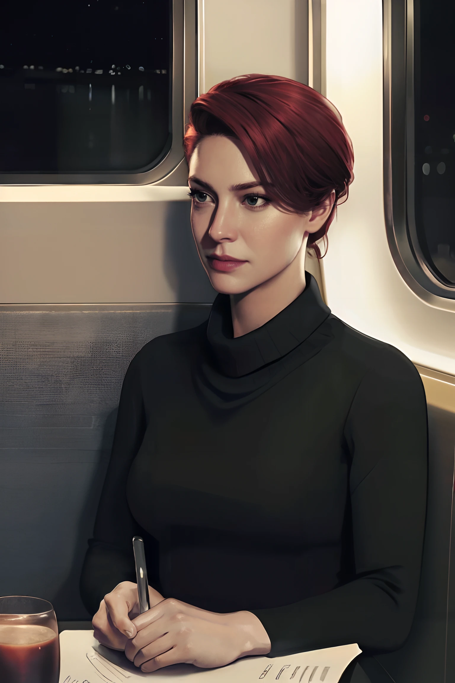 Realistic, realism, photorealism, photo-realistic, high contrast, (photorealistic:1.4), 8k high definition detailed realistic, (best quality, masterpiece:1.2), full bodyshot, photon mapping, radiosity, physically-based rendering, best quality, highly detailed,((full bodyshot)), 1girl,, looking at the viewer,Dianab, 40 years old, Long auburn hair, Wearing a black turtleneck, sitting in a train at night <lyco:GoodHands-beta2:1> <lora:DianaB-000014:.8>