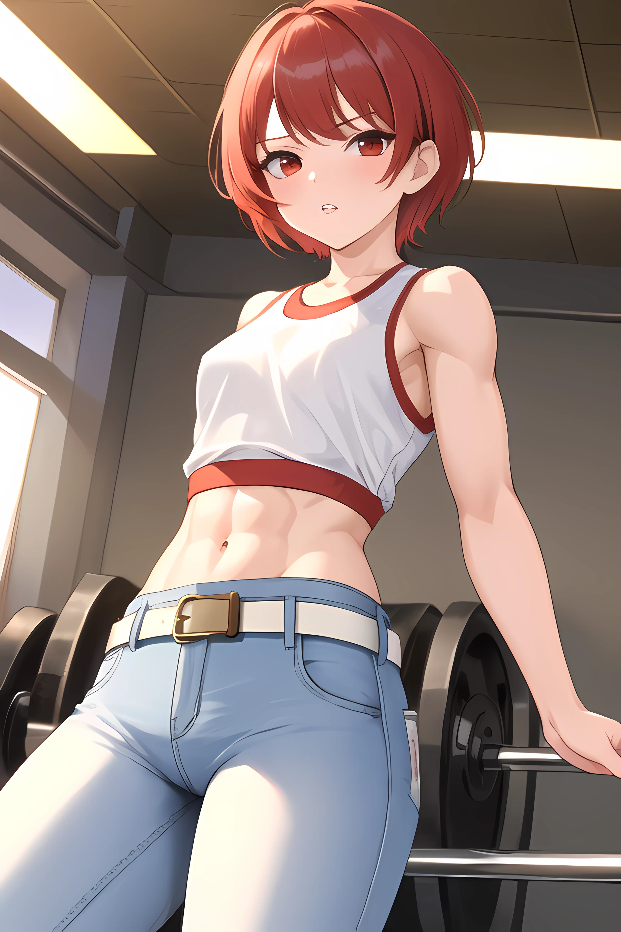 (masterpiece, best quality), 1girl, solo, tomboy, very short hair, pixie cut, red hair, crossed bangs, red eyes, small perky breasts, tall female, muscular female, gym, looking at viewer, from below, white tight shirt, tank top, midriff, blue denim pants, brown leather belt, standing, legs aparts, annoyed, parted lips, sexually suggestive