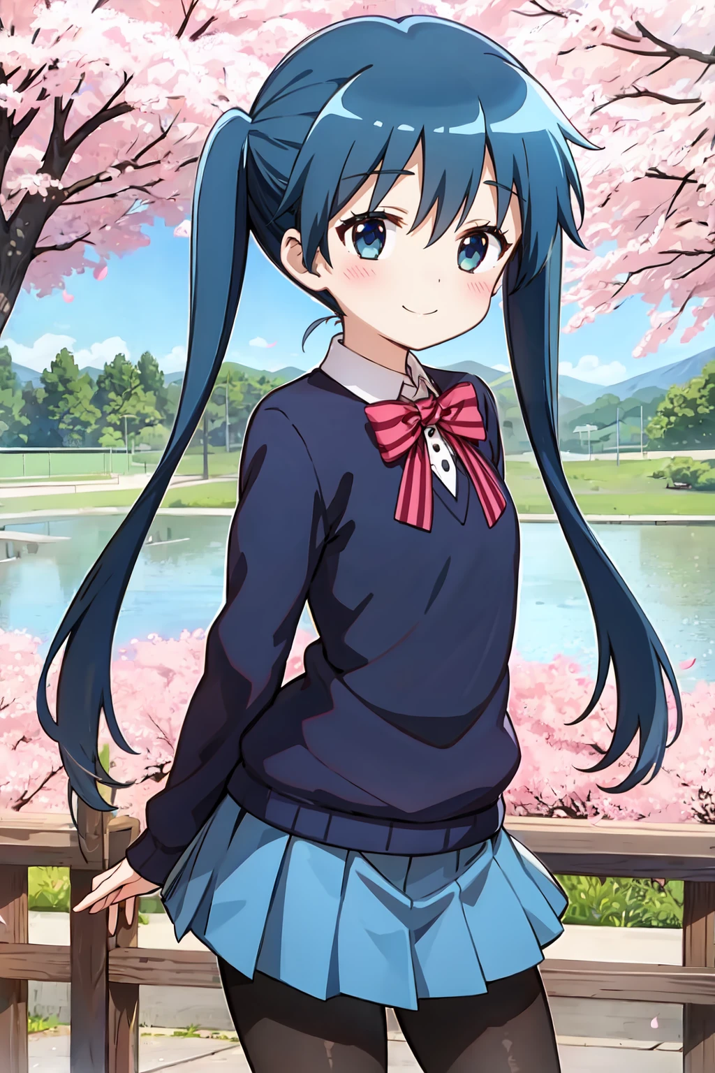 komichi aya, twintails, striped bow, white collared shirt, long sleeves, blue sweater, blue pleated skirt, black pantyhose, flat chest, cowboy shot, outdoors, cherry blossoms, smile, looking at viewer, closed mouth,
<lora:Komichi_Aya-v2:0.8>