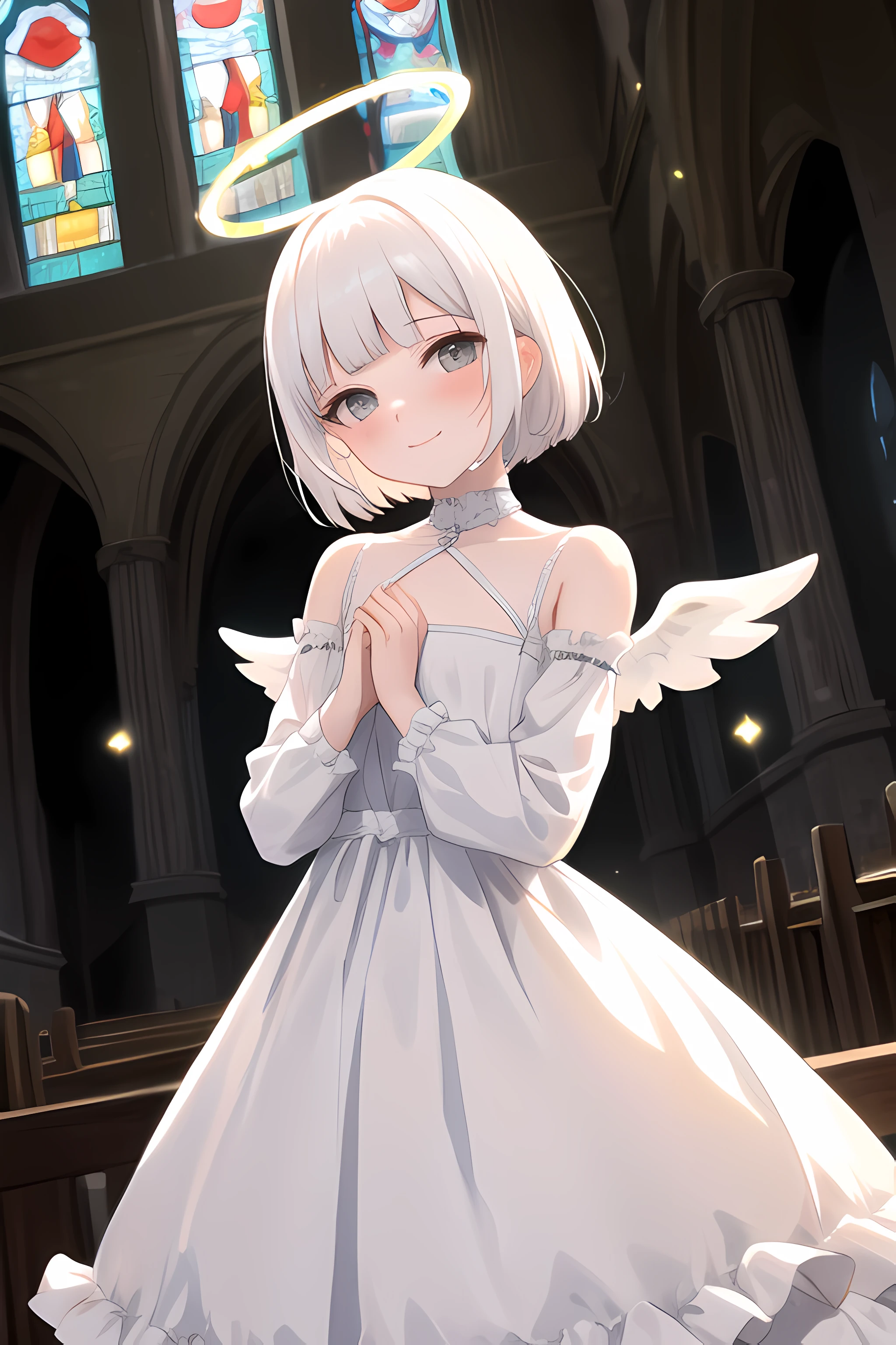 (masterpiece, best quality), 1girl, solo, white hair, short hair, straight hair, blunt bangs, grey eyes, flat chest, narrow waist, petite, pale skin, angel, anger vein, halo, long white dress, frilled dress, looking at viewer, light blush, light smile, head tilt, own hands together, church, stained glass, light rays, light particles