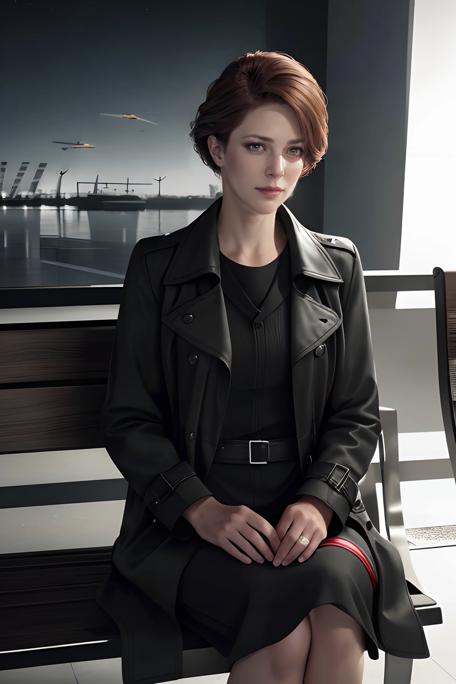 Realistic, realism, photorealism, photo-realistic, high contrast, (photorealistic:1.4), 8k high definition detailed realistic, (best quality, masterpiece:1.2), full bodyshot, photon mapping, radiosity, physically-based rendering, best quality, highly detailed, full bodyshot, 1girl,, looking at the viewer,Dianab, 40 years old, Long auburn hair, Wearing a black trenchcoat, sitting in a bench, holding a phone , airport background <lyco:GoodHands-beta2:1> <lyco:epiCRealismHelper:.7> epiCRealism <lora:DianaB-000014:.7>