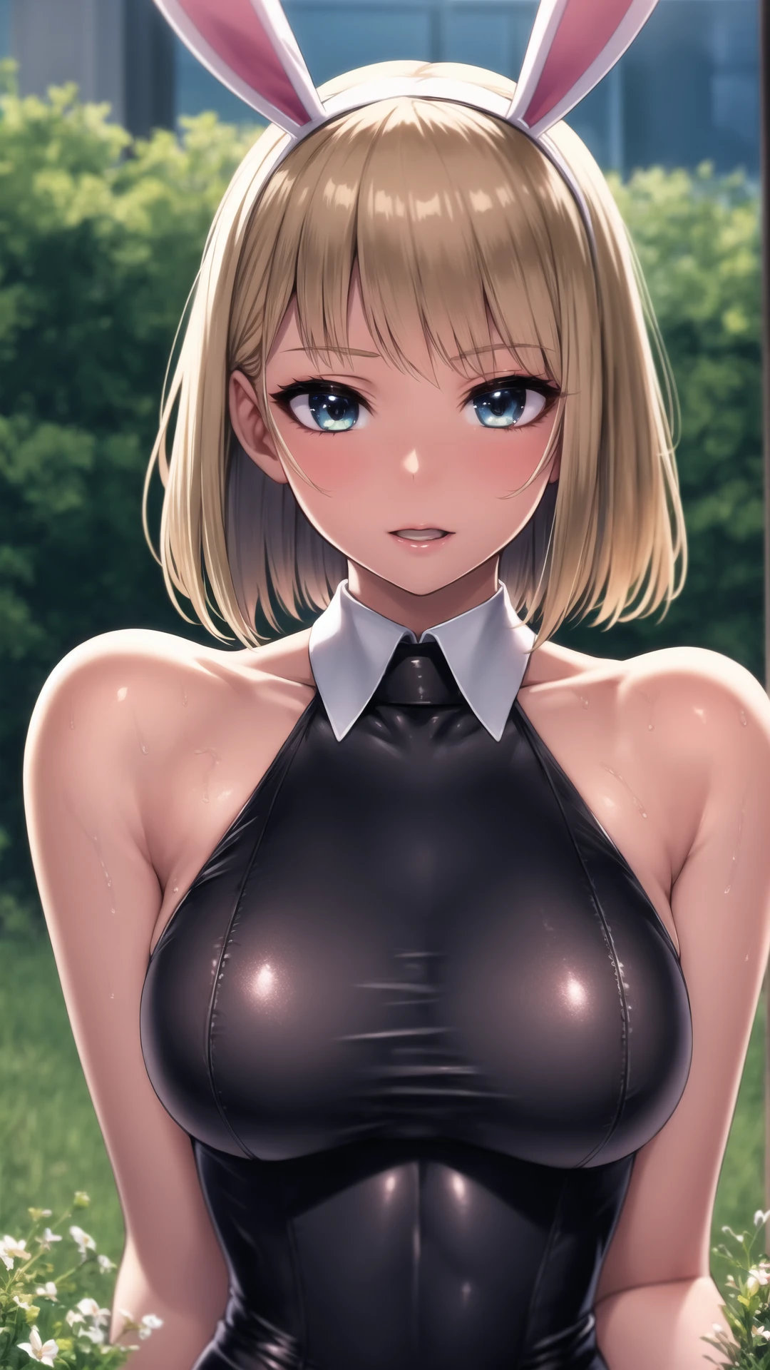 (((Meisterwerk)))1人,Standing in a beautiful garden,Strahlendes Wetter,Atemberaubend realistisch,Vortex-Kamera,von vorne,arms behind back,blonde harre,Bobcut,glatte harre,blonde harre,blaue Augen,cute smile,mid large breasts,Breasts pressed together,sehr enges themd,man sieht die nippel durch die kleidung,sehr kurze shorts,upper body close-up,very high quality,very high definition,NSFW,nackt,zeigen