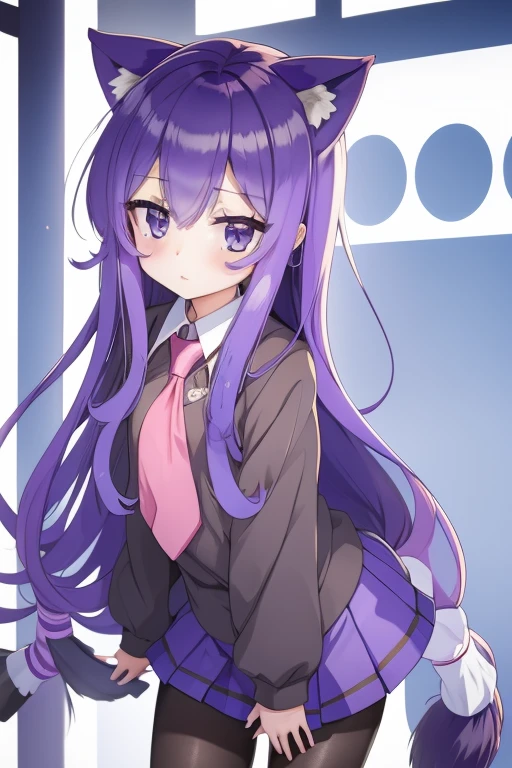 masterpiece,high quality,tsumikiminiwa01, 1girl, solo, long_hair, blue_eyes, very_long_hair, school_uniform, purple_hair, ahoge, pantyhose, pleated_skirt, cat_ears,black_pantyhose, low-tied_long_hair, <lora:0_TsumMina_00_02:1>