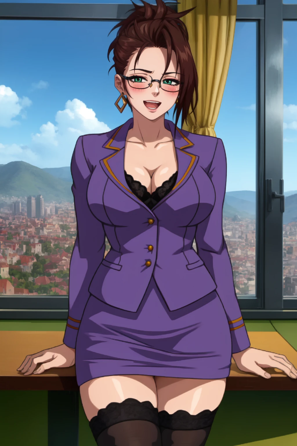 (high quality:1.1), cinematic lighting, extremely detailed, bloom,
Izumiremi, mature female, teacher, 1girl, solo, sitting on table, window, cowboy shot,
looking at viewer, half-closed eyes, seductive smile, blush, open mouth,
brown hair, short hair, hair up, single hair intake, green eyes, makeup, glasses, jewelry, earrings,
skirt suit, (black thighhighs:1.1), lingerie,
large breasts, cleavage, thighs, long legs, panties
intricate complex room background, day, sunlight, cityscape,
<lora:IzumiRemiV1:0.7> <lora:half-closed eyes:0.9>
