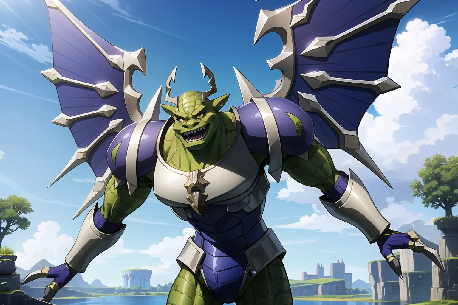 1boy,solo,shrek wearing stylized dorugoramon armor,dorugoramon wings,swamp,upper body,outdoors,angry,looking at veiwer,2d,anime,scene from the shrekoning, <lora:Dorugoramon_19956:0.5>, sfw,beautiful, masterpiece, best quality,absurderes,octane render