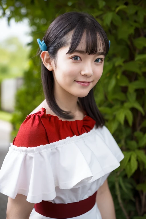 1girl, (wearing an off-the-shoulder dress:1.4),(RAW photo, best quality), (realistic, photo-realistic:1.4), masterpiece, an extremely delicate and beautiful, extremely detailed, 2k wallpaper, Amazing, finely detail, extremely detailed CG unity 8k wallpaper, ultra-detailed, highres, soft light, beautiful detailed girl, extremely detailed eyes and face, beautiful detailed nose, beautiful detailed eyes,cinematic lighting,(in the garden:1.4),perfect anatomy,slender body,smiling,(close up:1.8),(young girl:1.0),(look at viewer),(front view:2.0),cinematic angle,(cleavage:1.8),(wavy hair),(brown eyes:1.2),(standing:1.6), <lora:nireinozomi_lora-02:0.8>