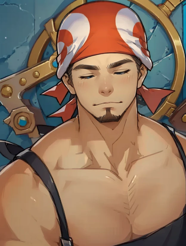 Billy_Gyee, short hair, brown hair, 1boy, collarbone, closed eyes, male focus, teeth, apron, facial hair, facing viewer, beard, bandana <lora:Billy_Gyee:1>, blue eyes, completely nude, naked, penis, sad
